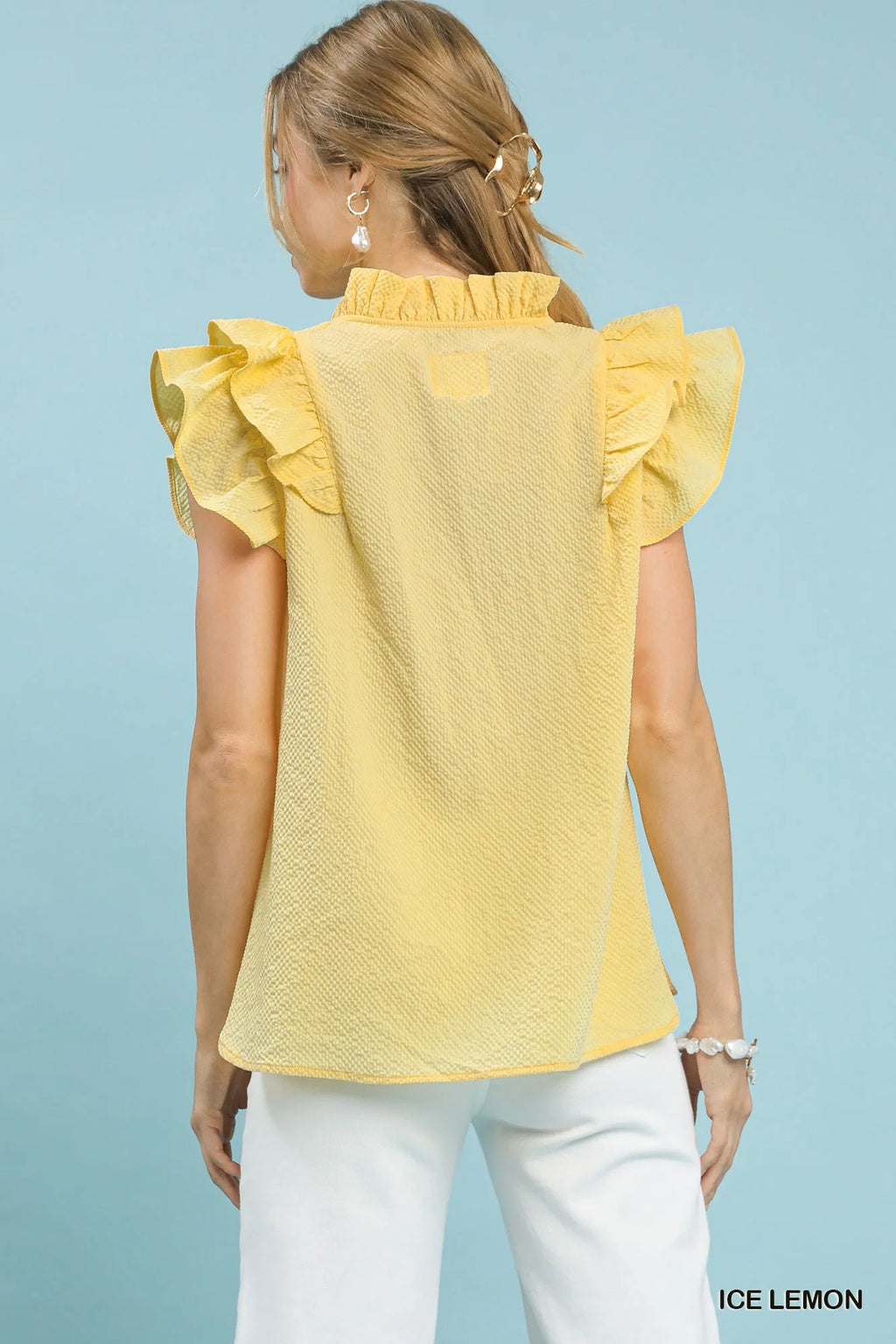 Umgee Textured Ruffle Sleeve V-Neck Blouse