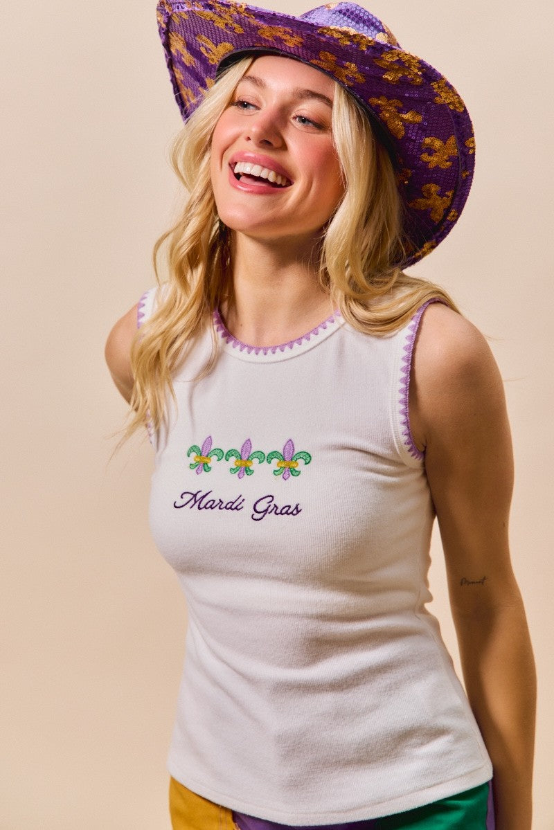 SO ME Mardi Gras Tank Top With Contrast Blanket Stitch