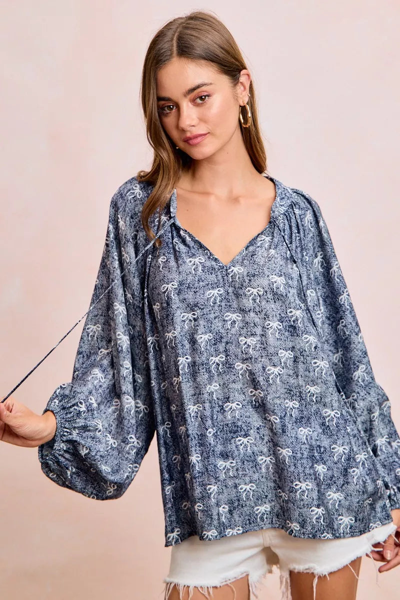 BiBi Ribbon Bow Print Exaggerated Balloon Sleeves Top
