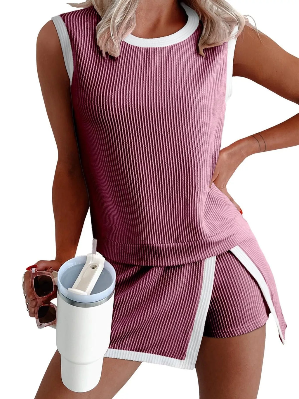 Ribbed Knit Sleeveless Top and Skort Set