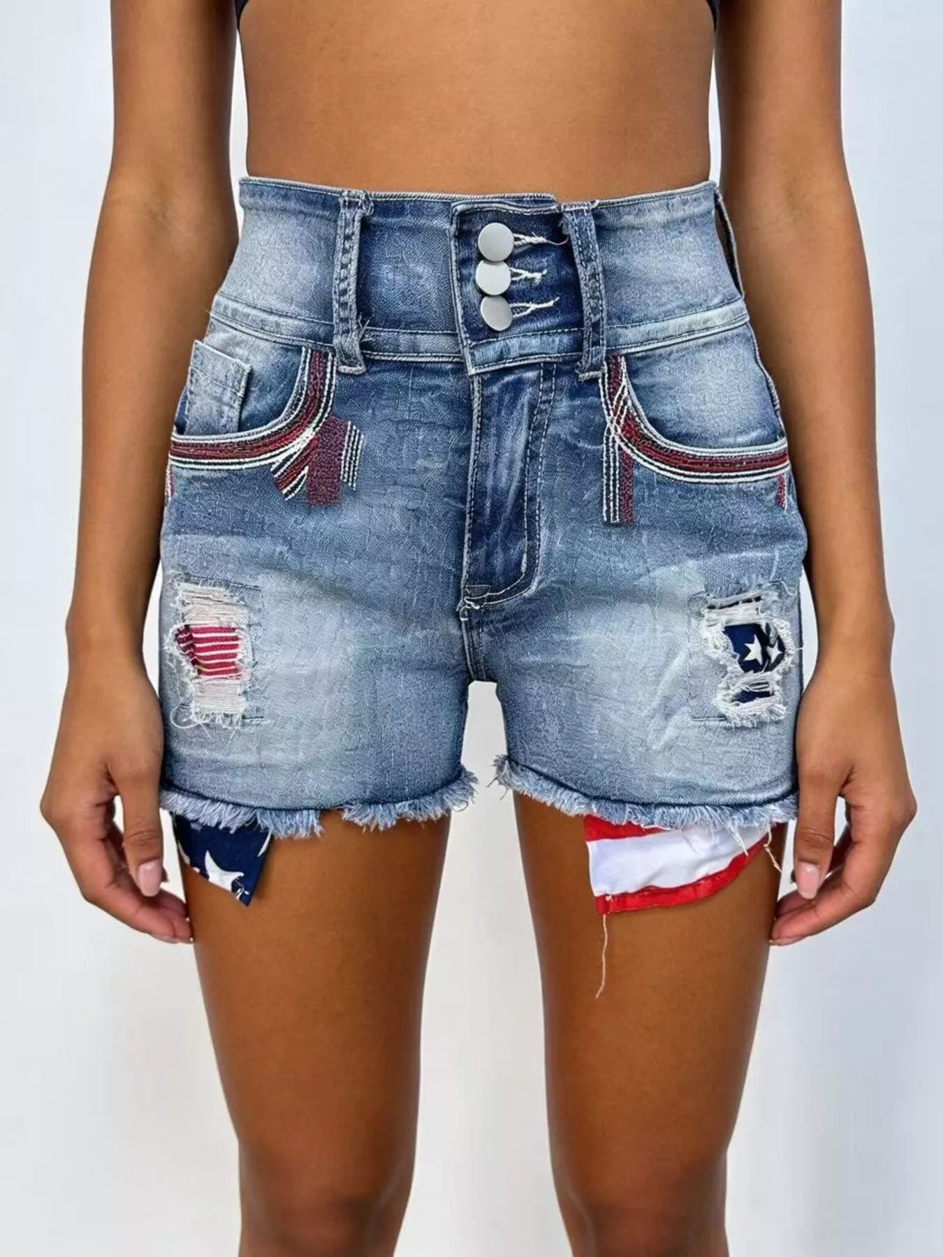 American Flag Distressed Denim Shorts