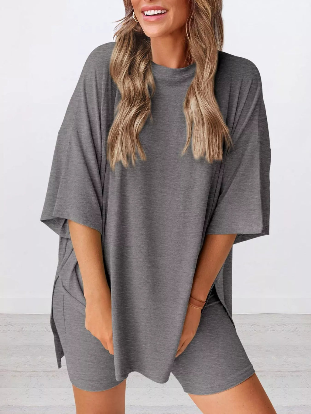 Full Size Relaxed Fit Round Neck Top and Shorts Two-Piece Set Plus Size