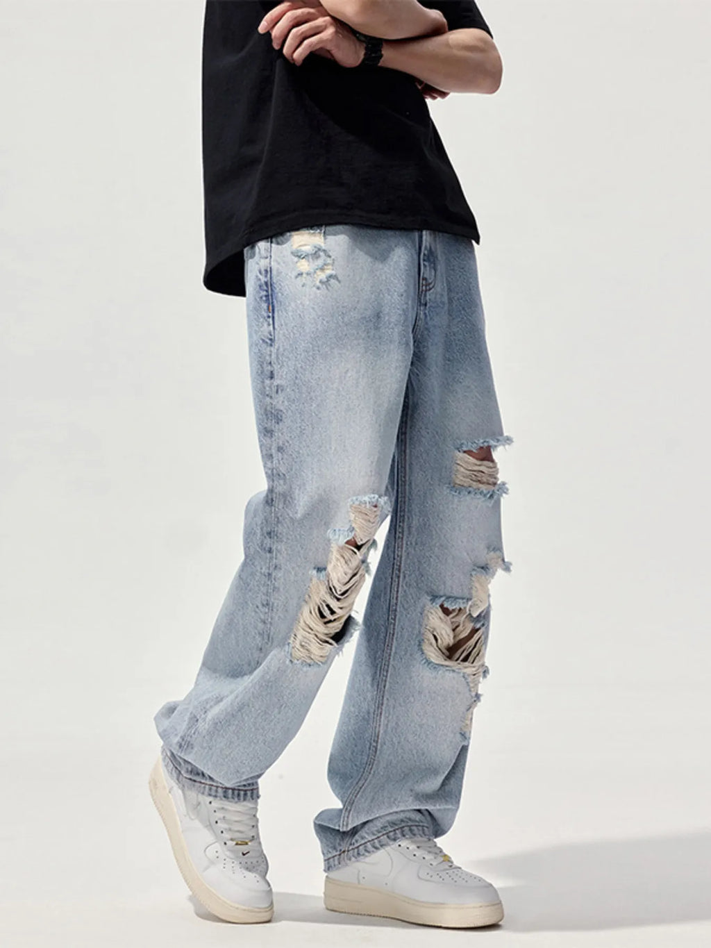 Men's Distressed Washed Wide Leg Jeans
