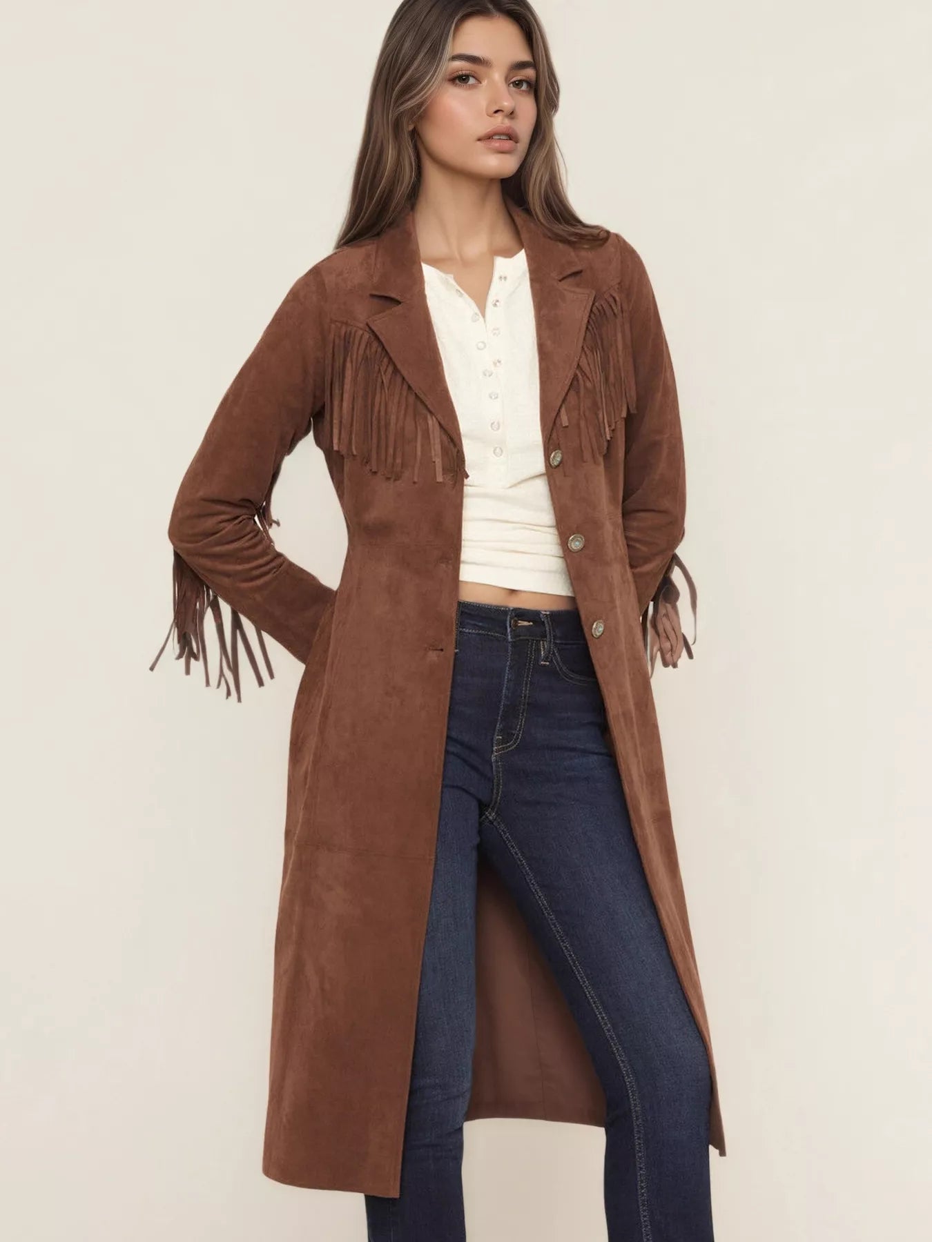 Fringe Lapel Collar Long Sleeve Coat