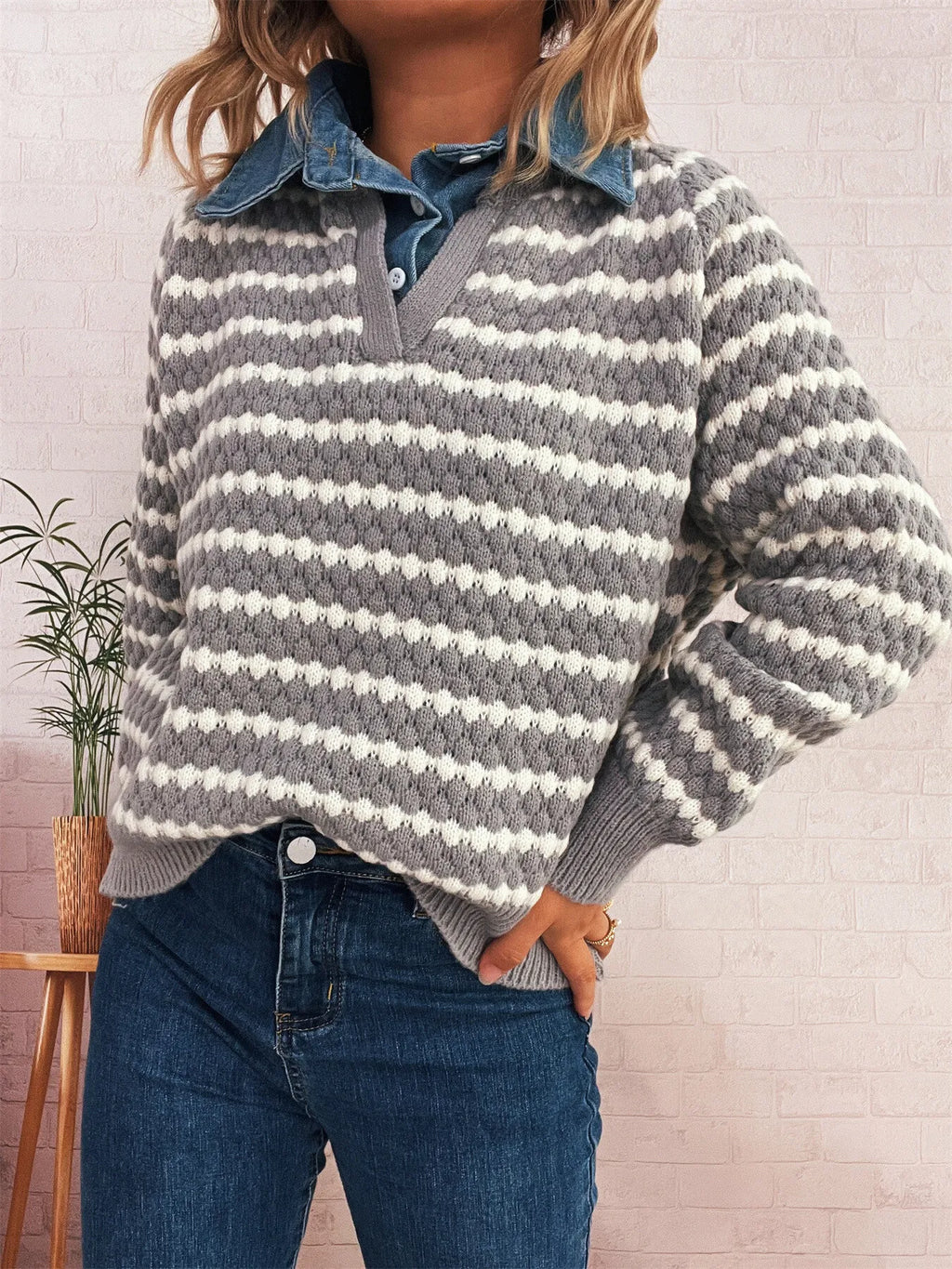 Contrast Striped Sweater with Denim Collar