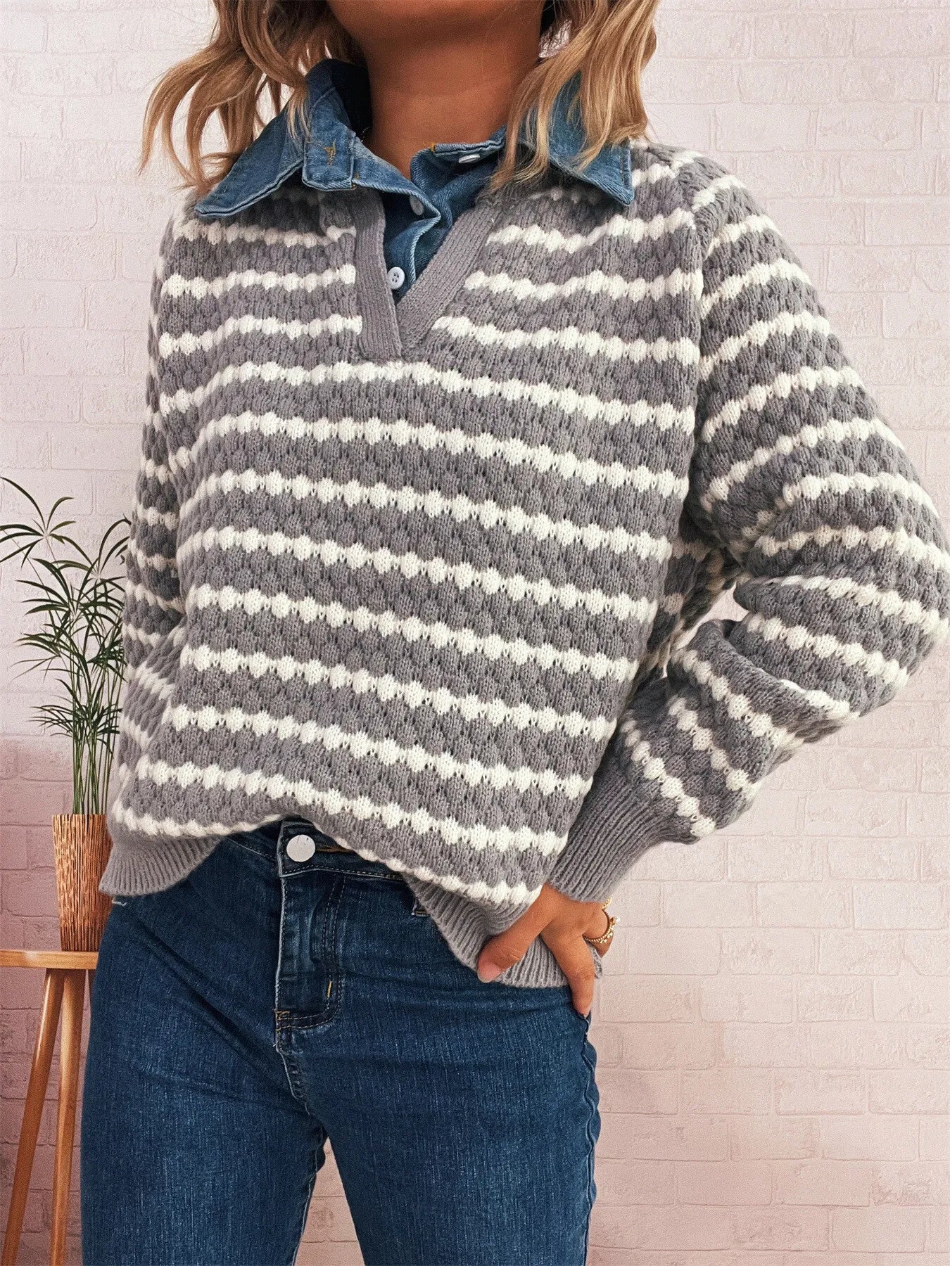 Contrast Striped Sweater with Denim Collar