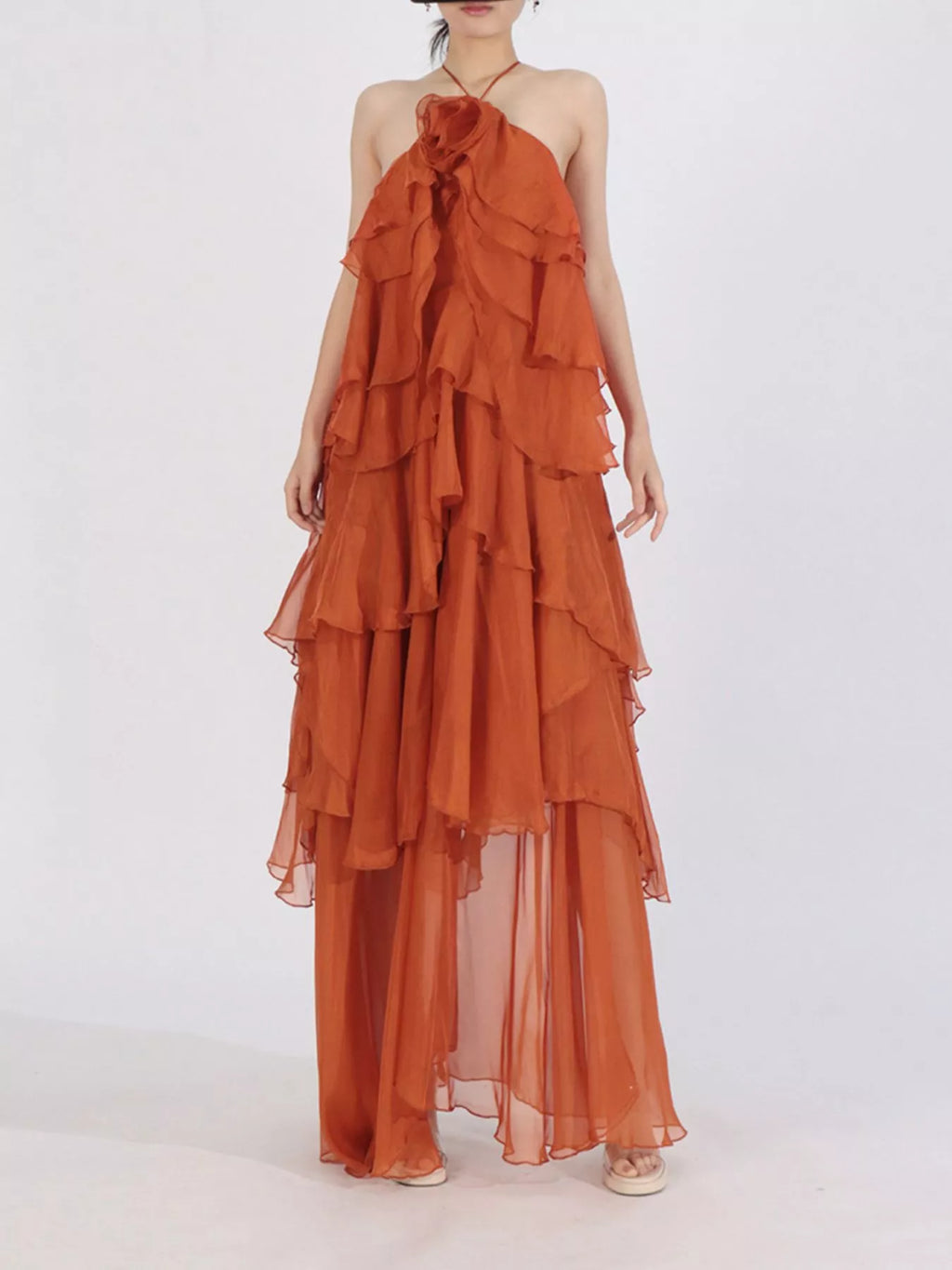 Ruffled Chiffon Halter Neck Maxi Dress