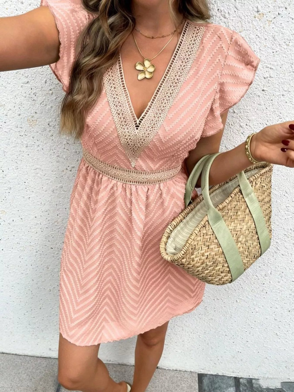 V-Neck Ruffle Sleeve Mini Dress