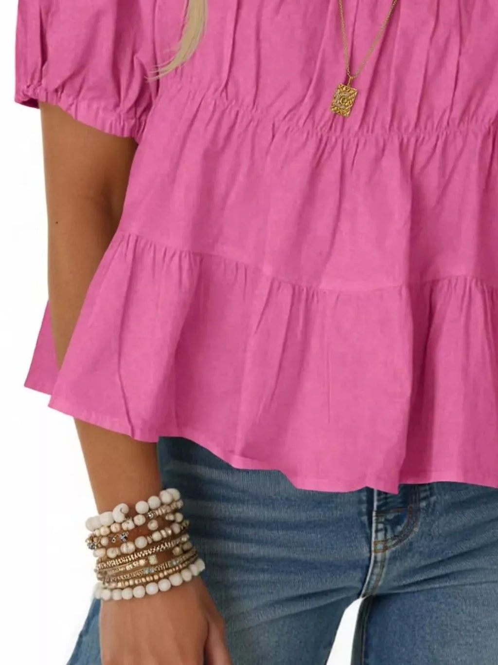 Ruched Tiered Puff Sleeve Blouse