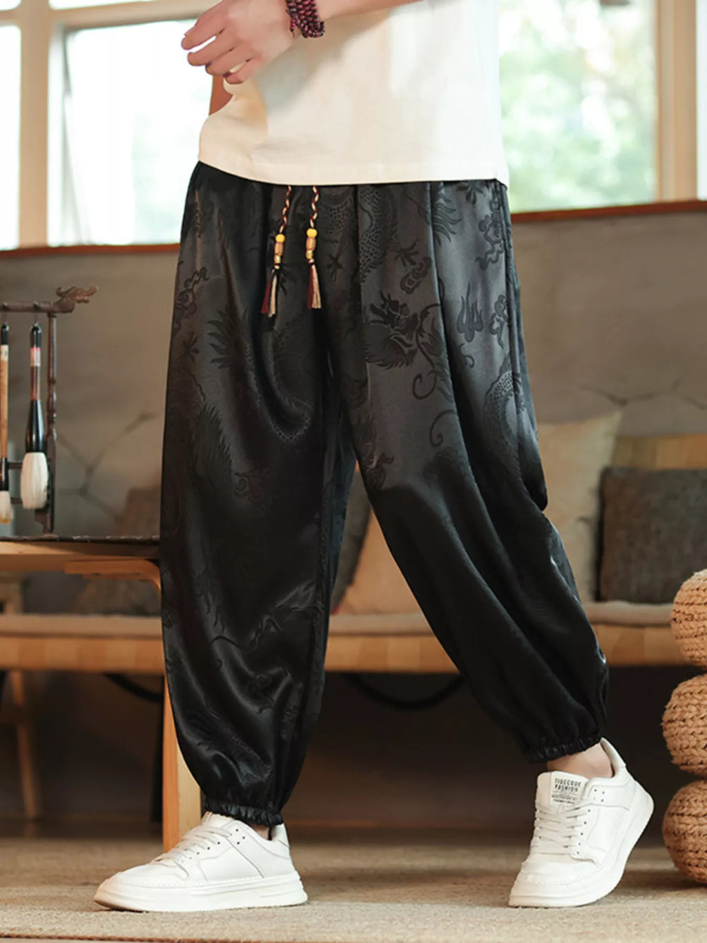 Men's Plus Size Dragon Pattern Silk Harem Pants