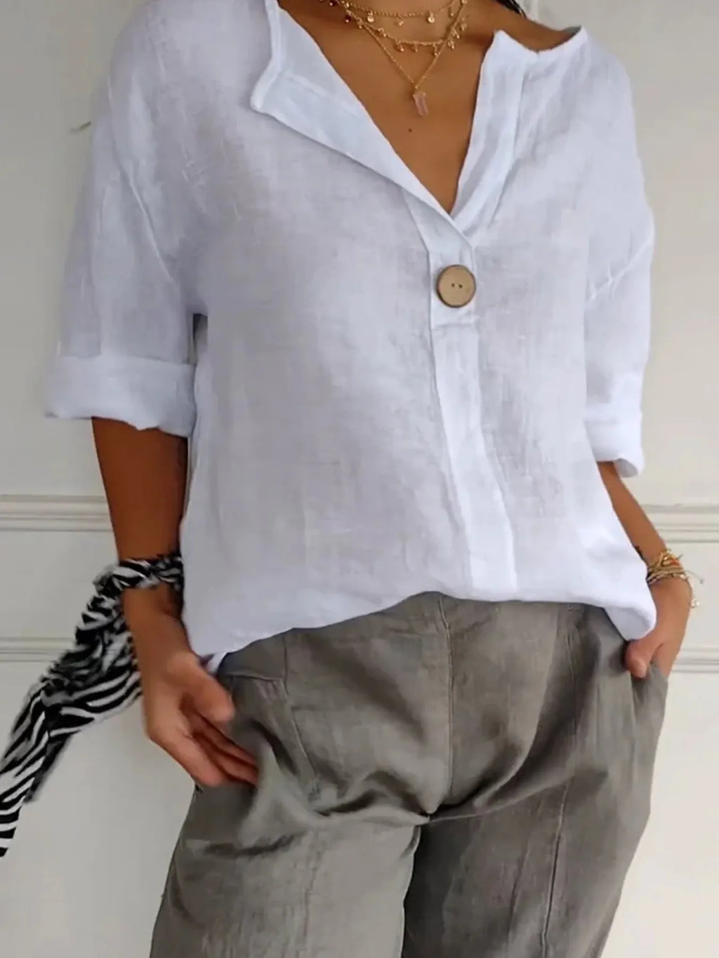 Full Size Casual Notched Drop Shoulder Blouse Plus Size