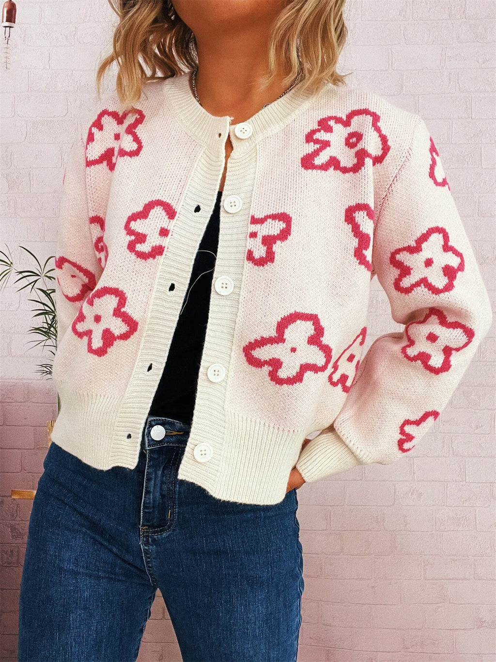 Floral Pattern Button-Up Cardigan