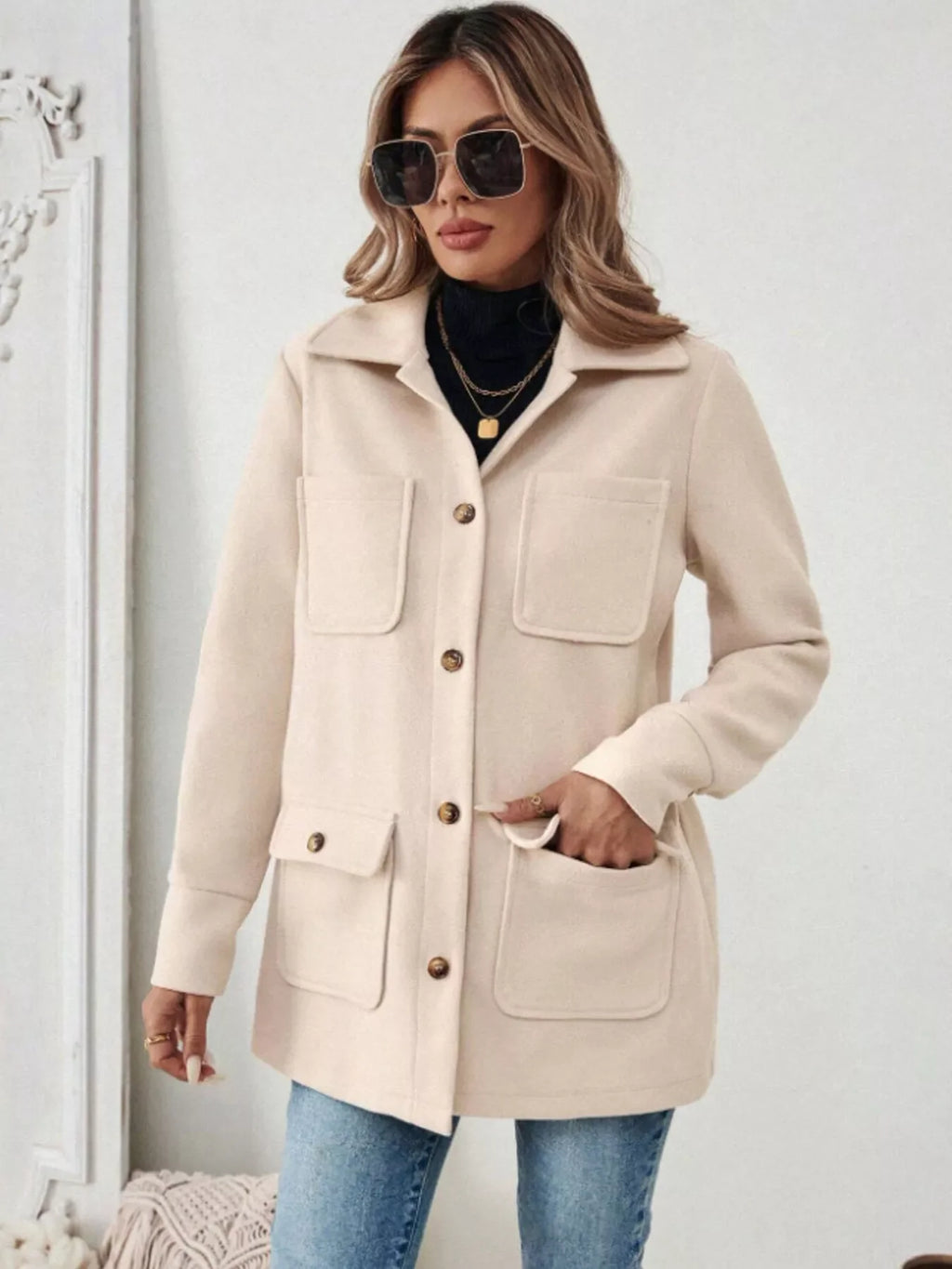 Button-Front Pocketed Long Sleeve Outerwear