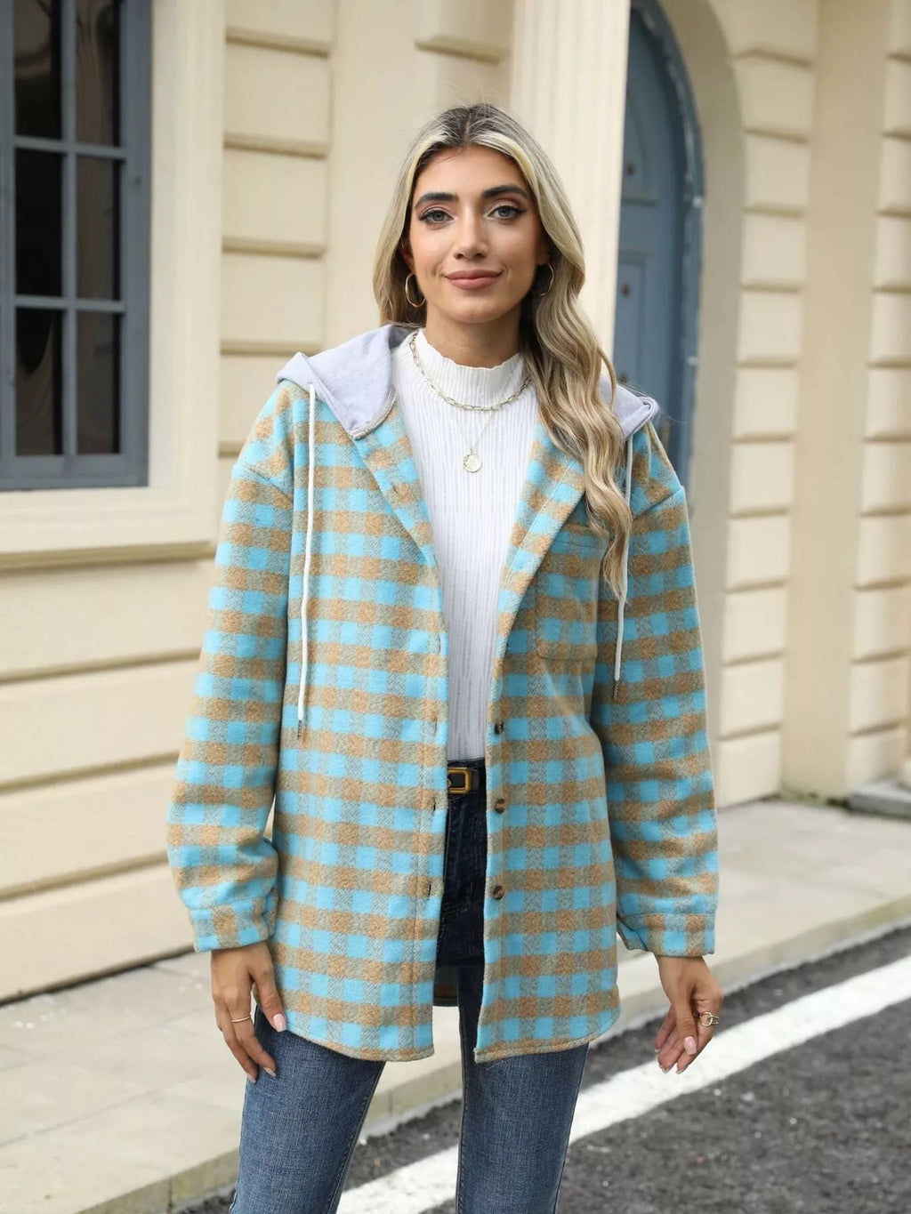Plaid Button Up Long Sleeve Drawstring Hooded Jacket