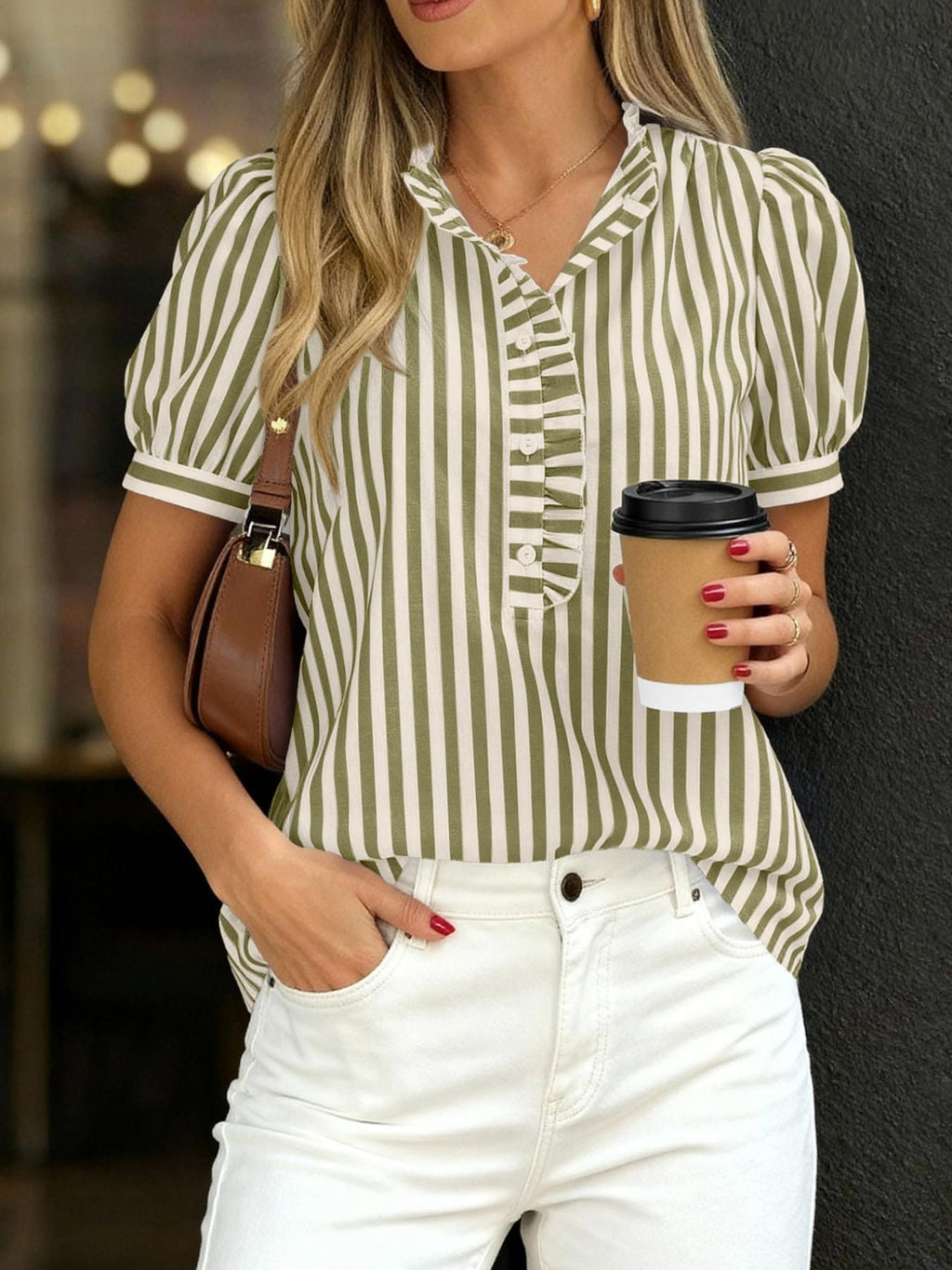 Frill Striped Puff Sleeve Blouse
