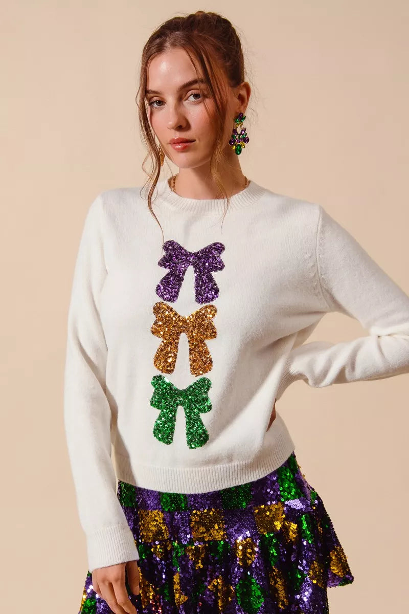 SO ME Mardi Gras Sequins Bow Ribbon Embellished Sweater