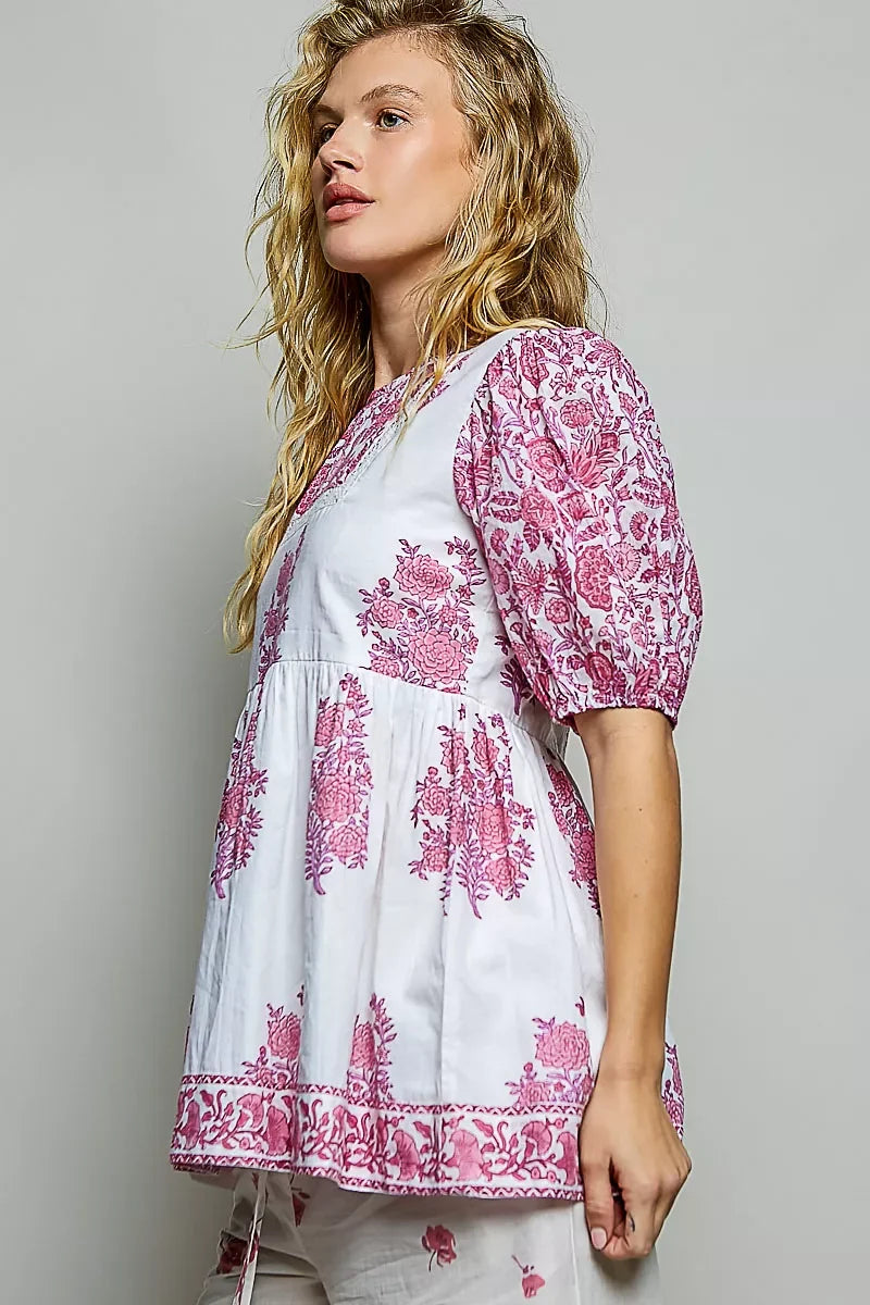 POL Vintage Hand Block Print Floral Woven Blouse