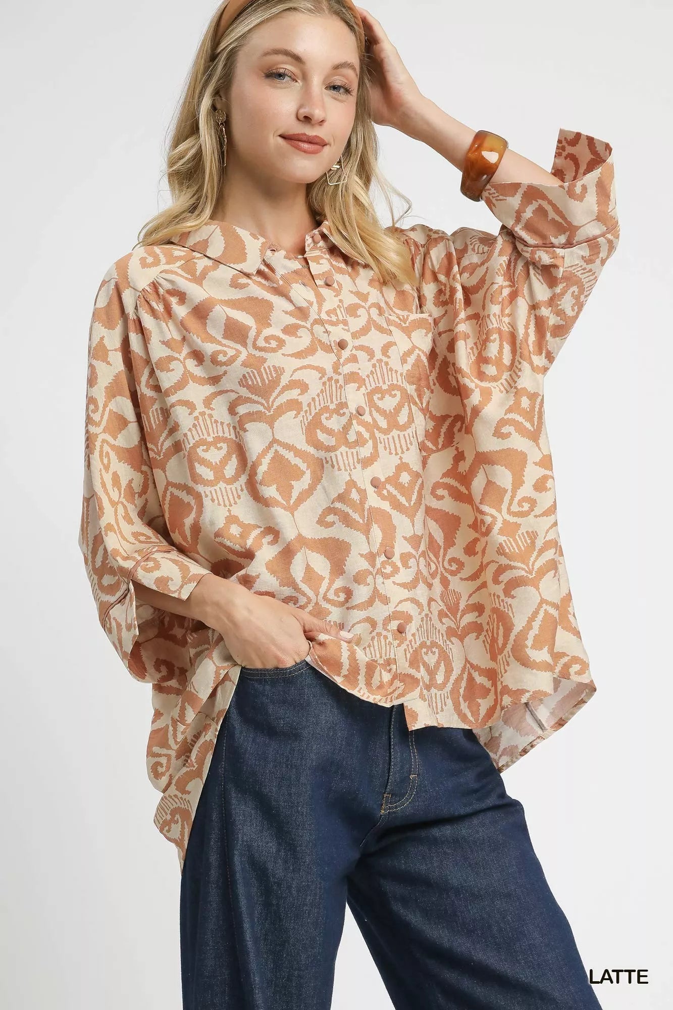 Umgee Abstract Print Button-Up Oversized Shirt