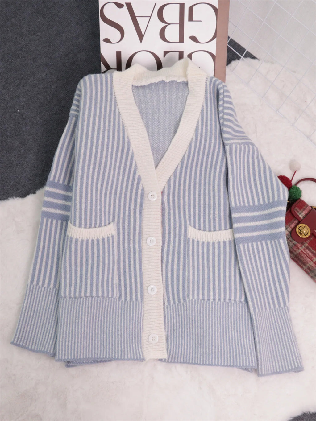 Striped Button-Front Cardigan with Contrast Trim