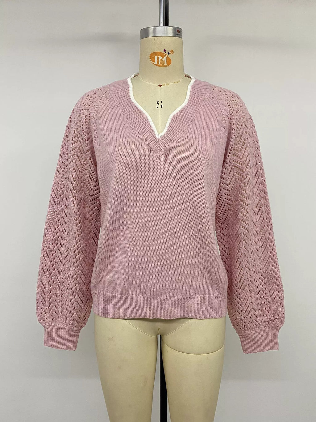 V-Neck Openwork Long Sleeve Sweater