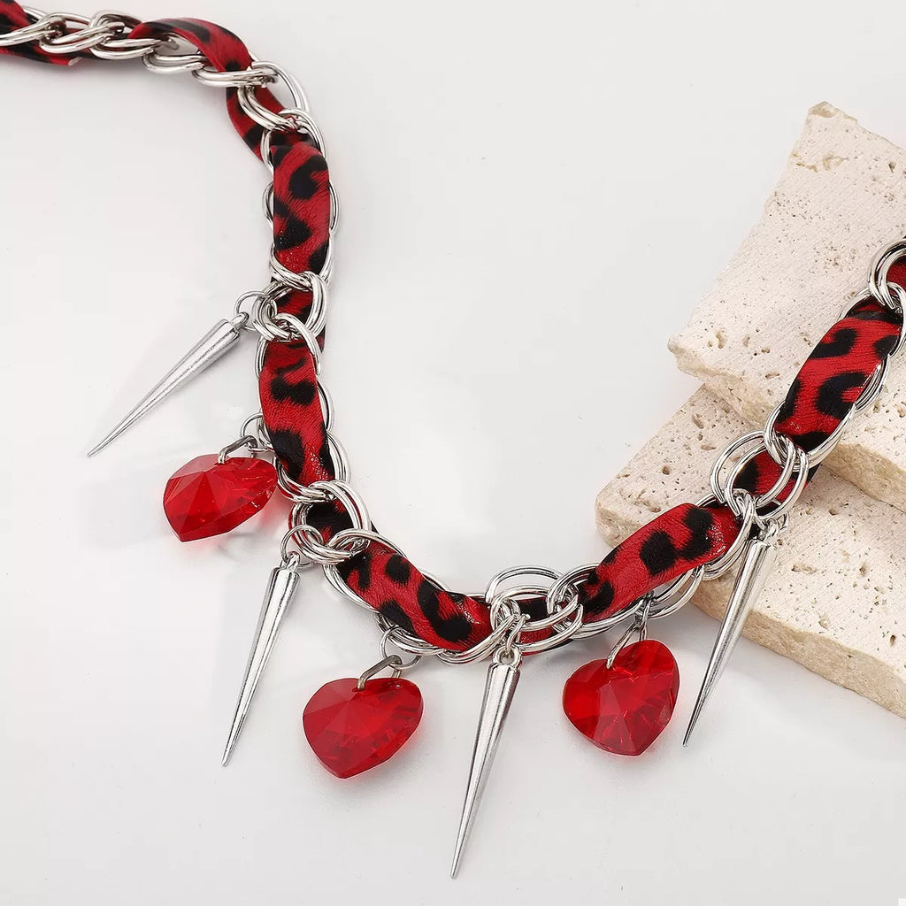 Heart Charm Choker Necklace with Metal Spikes