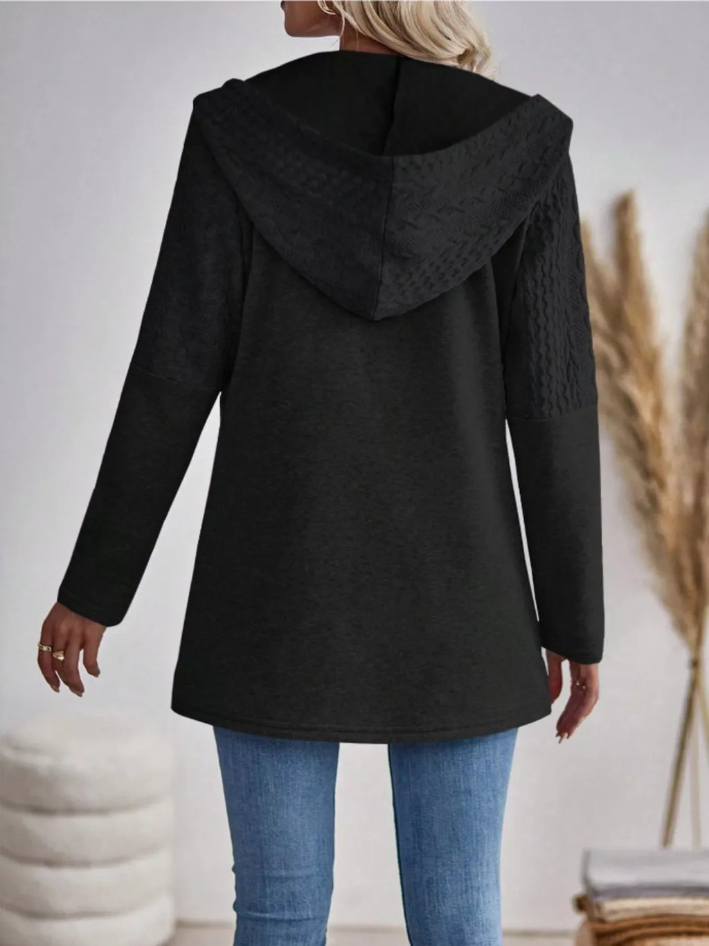 Drawstring Textured Zip Up Drawstring Hooded Jacket