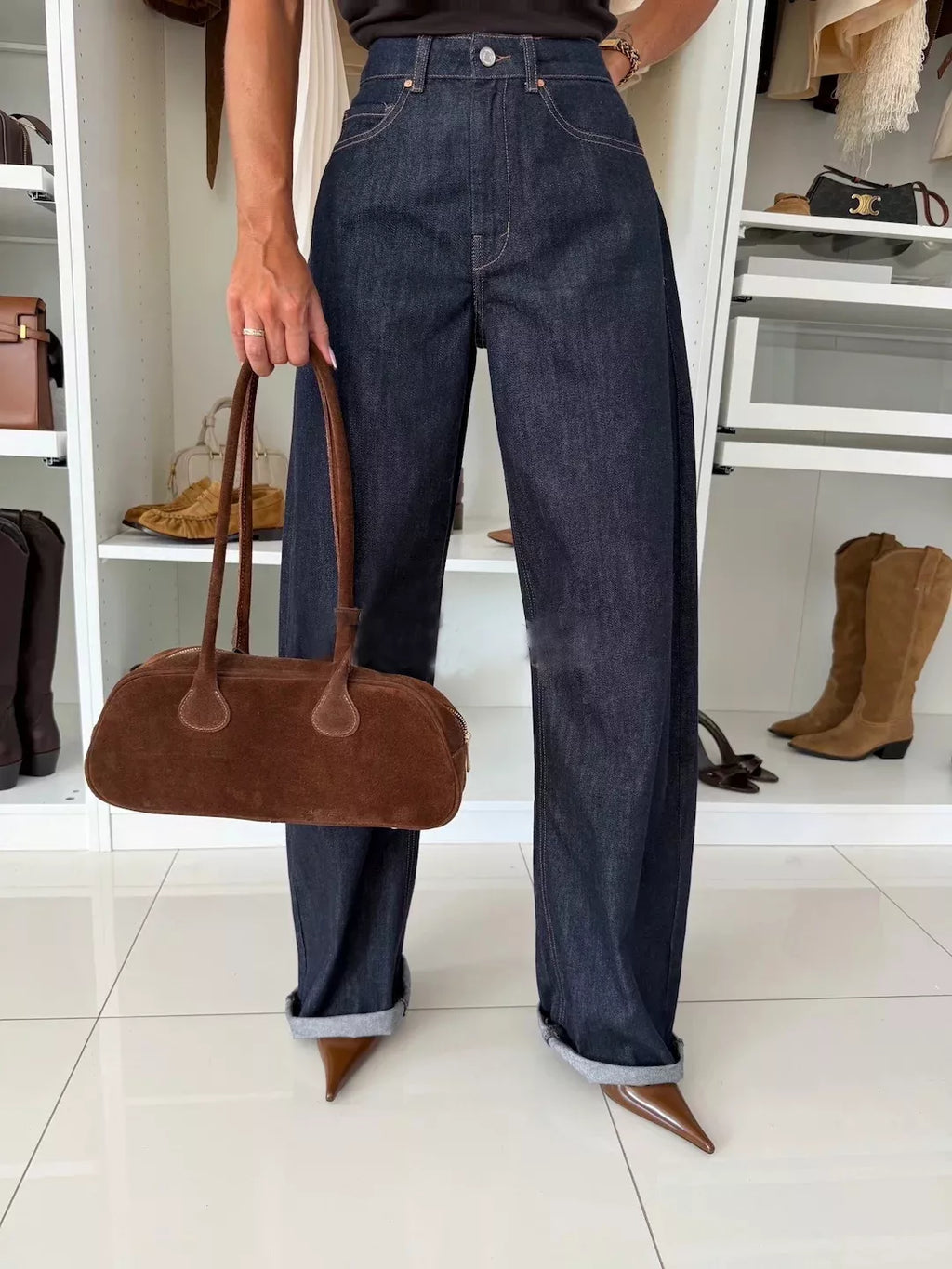 High-Waisted Wide-Leg Washed Jeans
