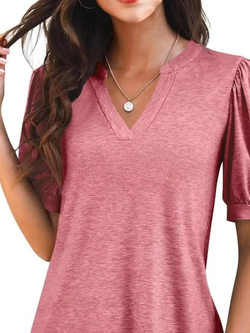 Puff Sleeve Notched Casual T-Shirt