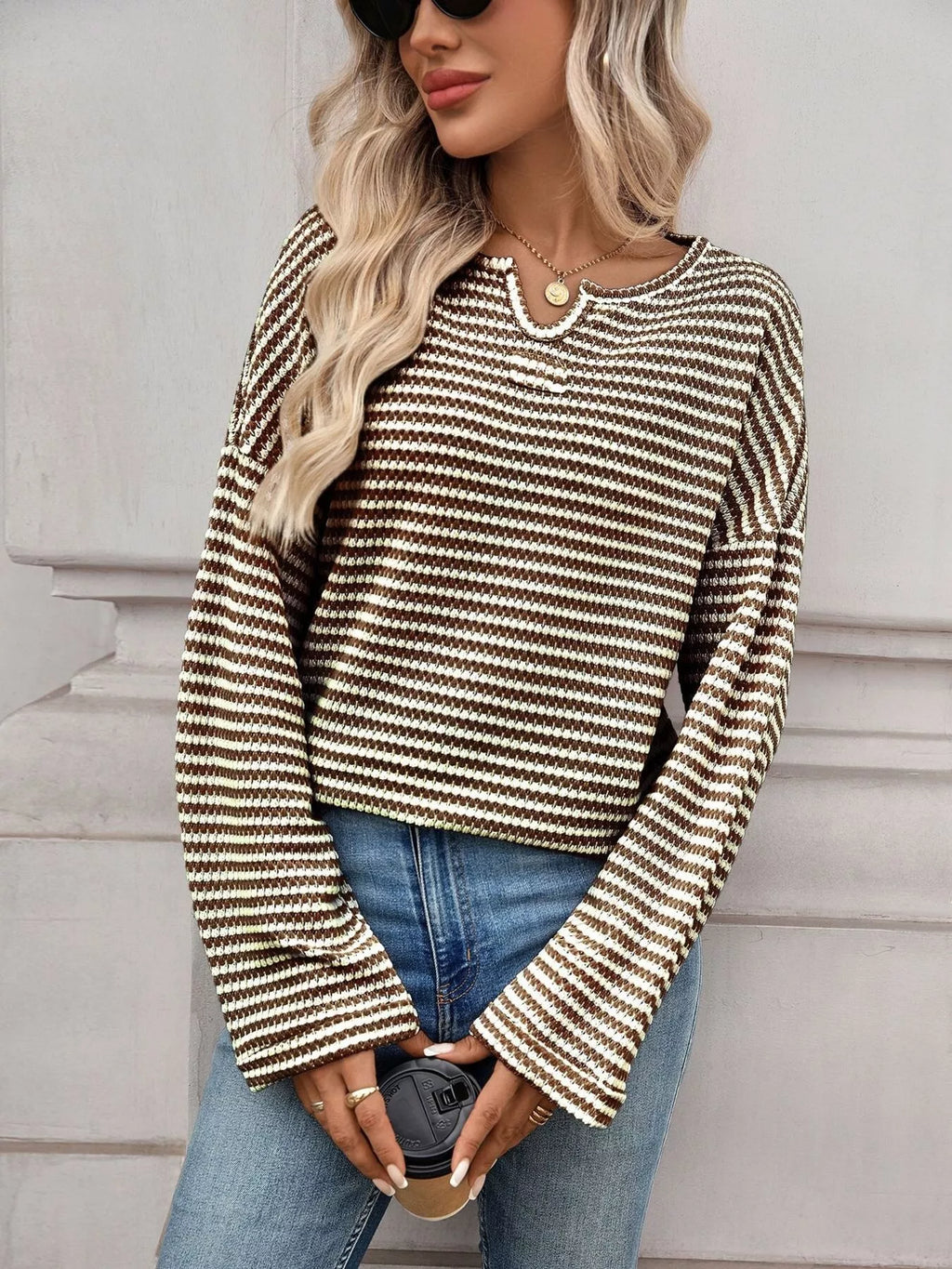 Striped Notched Long Sleeve T-Shirt
