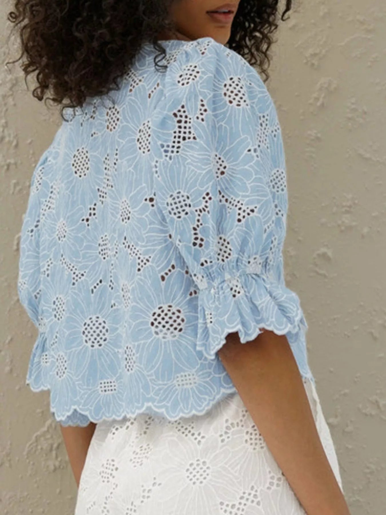 Embroidered Flounce Sleeve Blouse