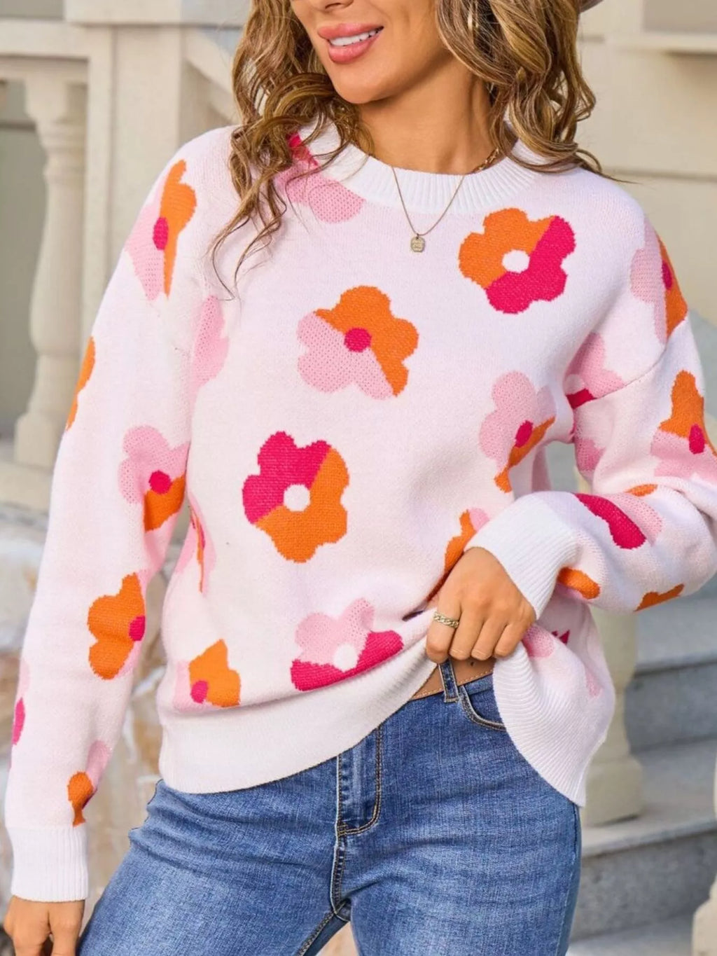 Floral Crew Neck Long Sleeve Sweater
