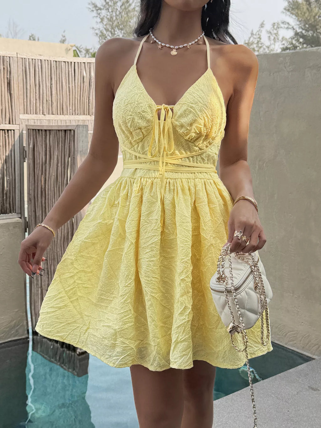 Textured Halter Neck Mini Dress