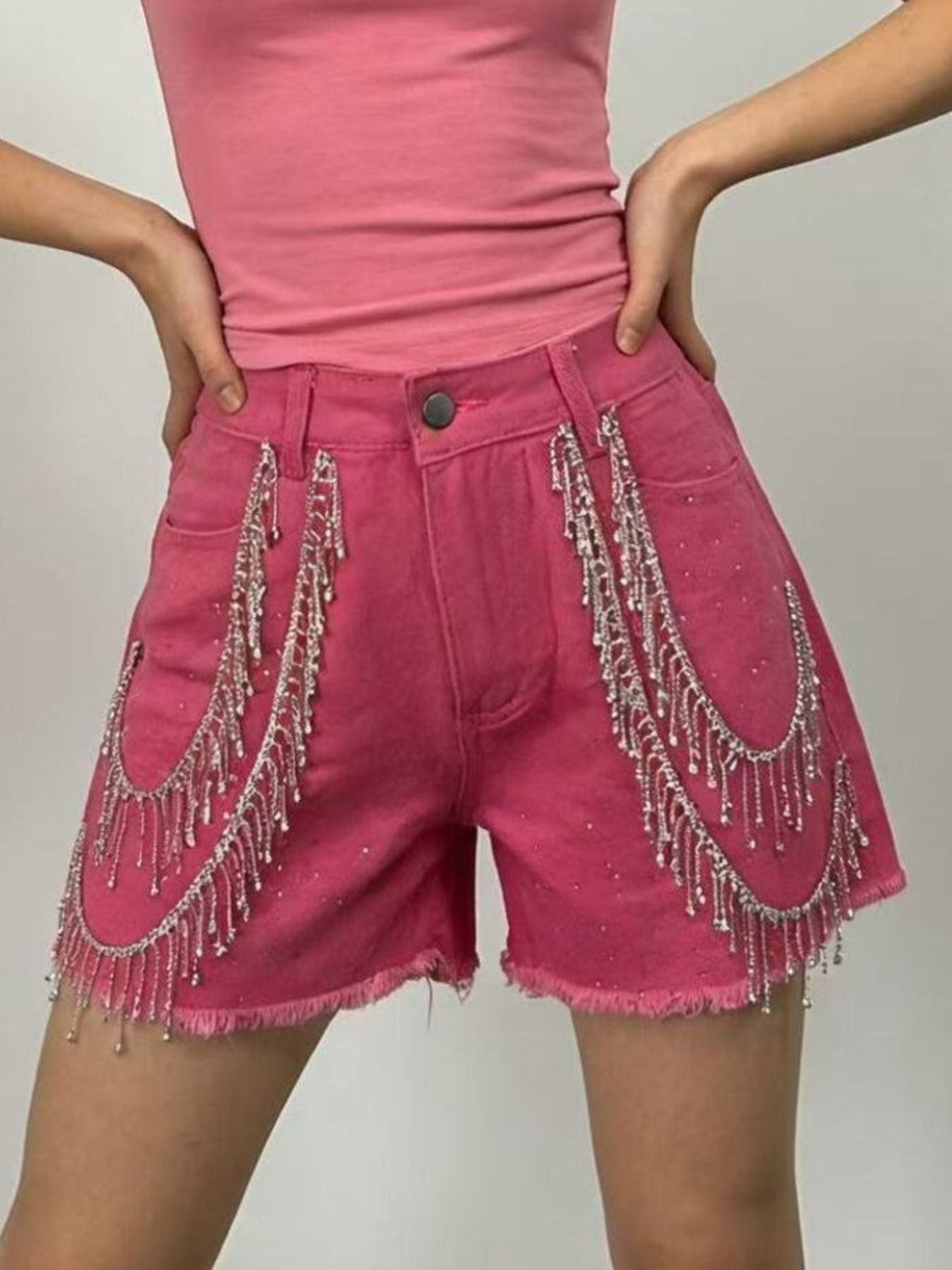 Rhinestone Chain Raw Hem Denim Shorts