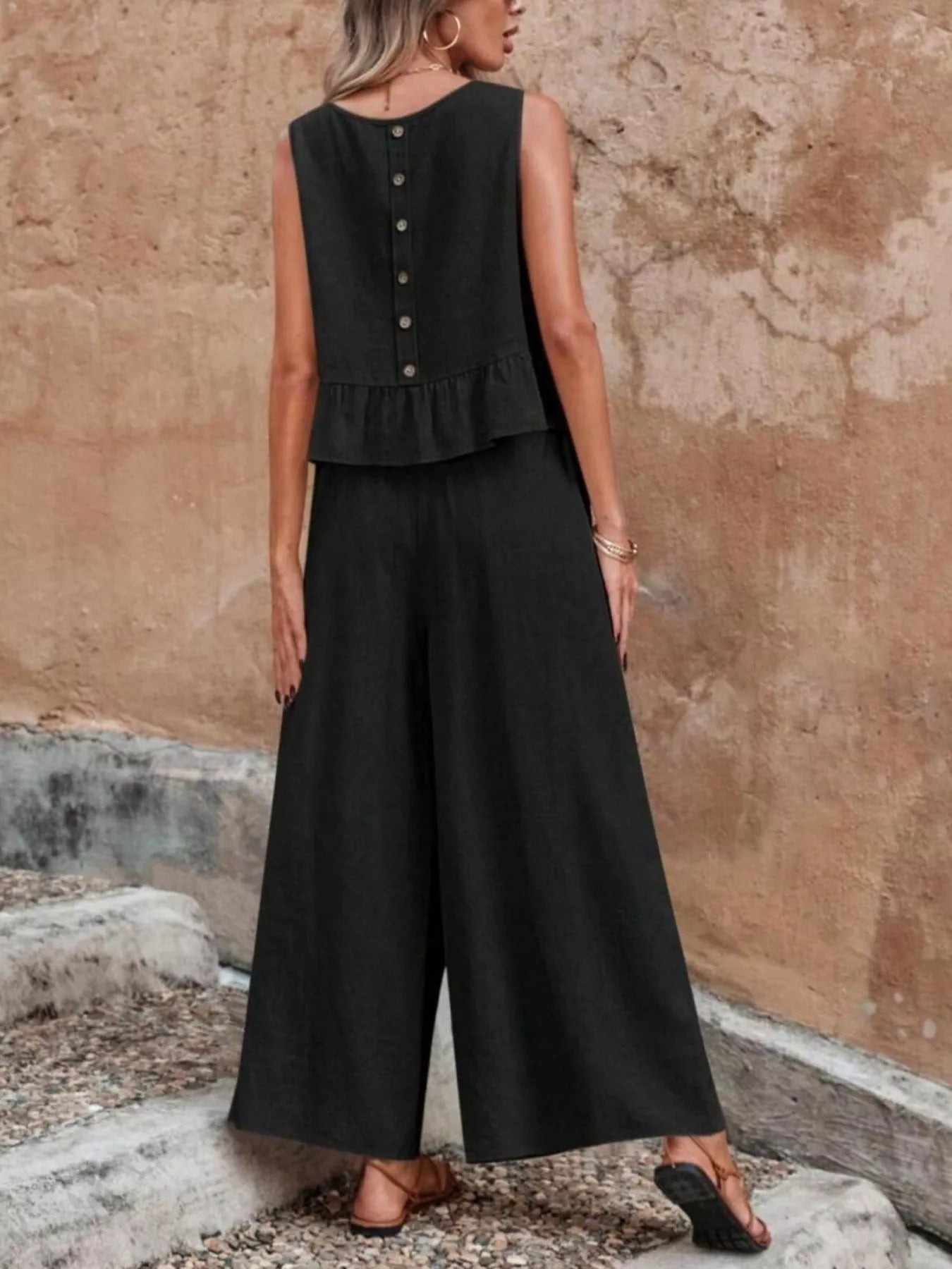Sleeveless Ruffle Hem Top and Wide Leg Pants Two-Piece Set