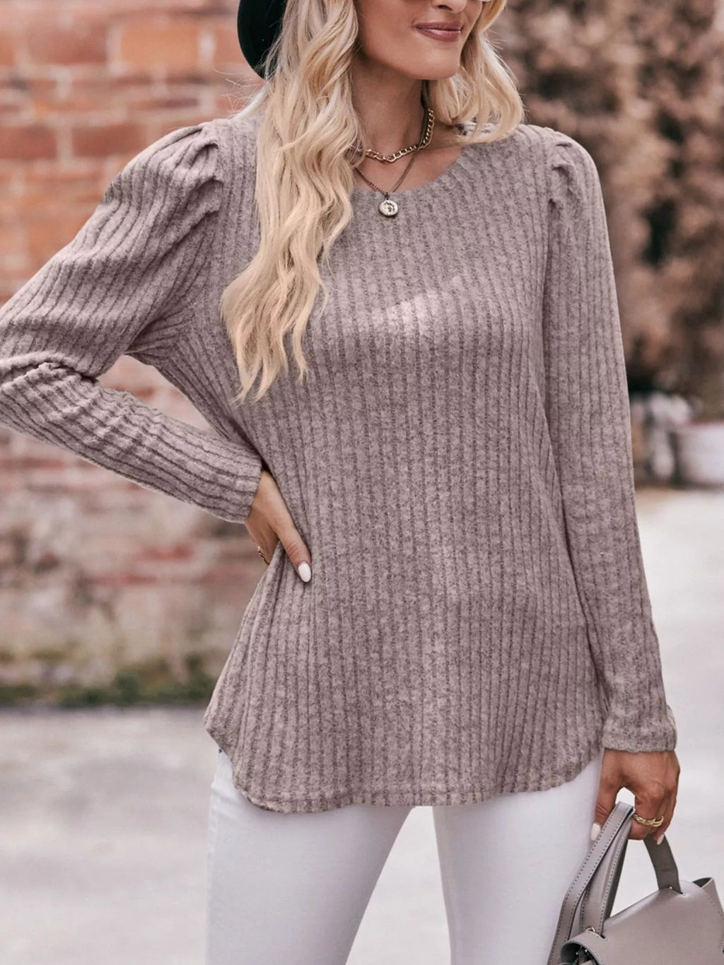 Ribbed Knit Puff Sleeve T-Shirt