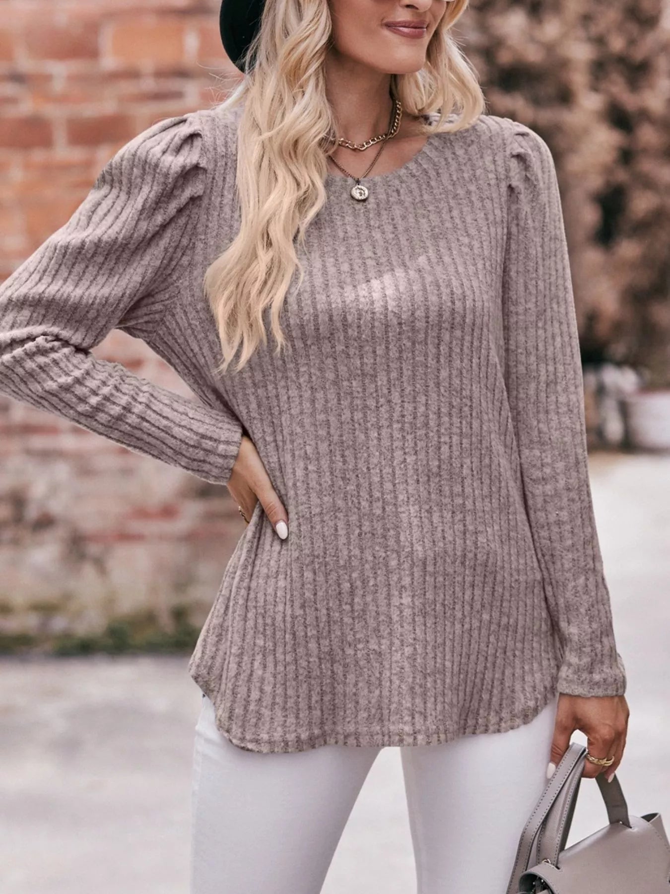 Ribbed Knit Puff Sleeve T-Shirt
