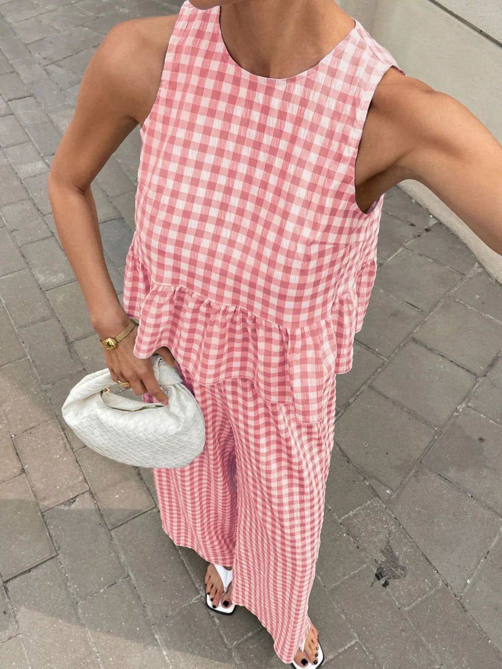 Gingham Sleeveless Top and Wide Leg Pants Set