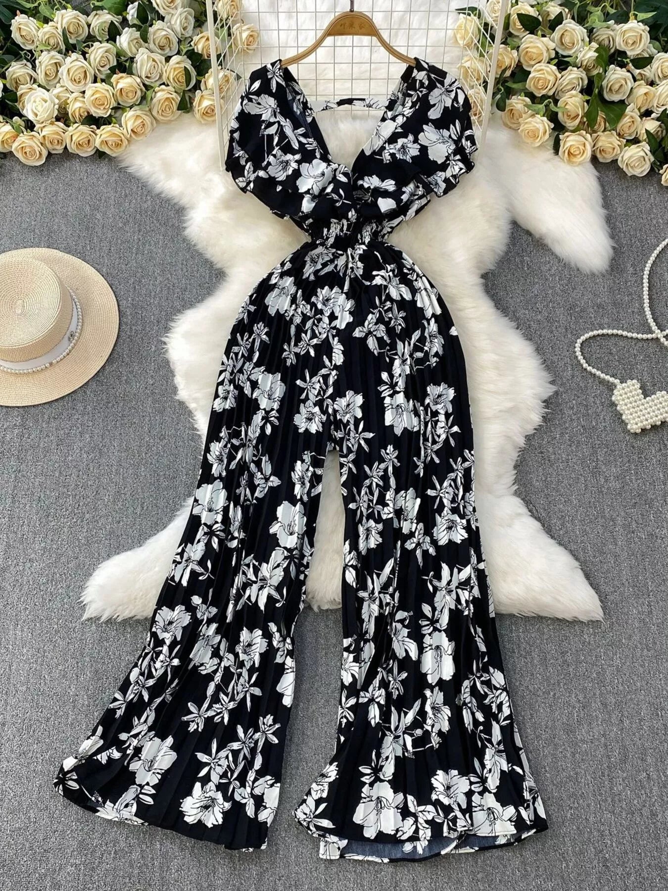 Floral Print Wide Leg Pleated Jumpsuit