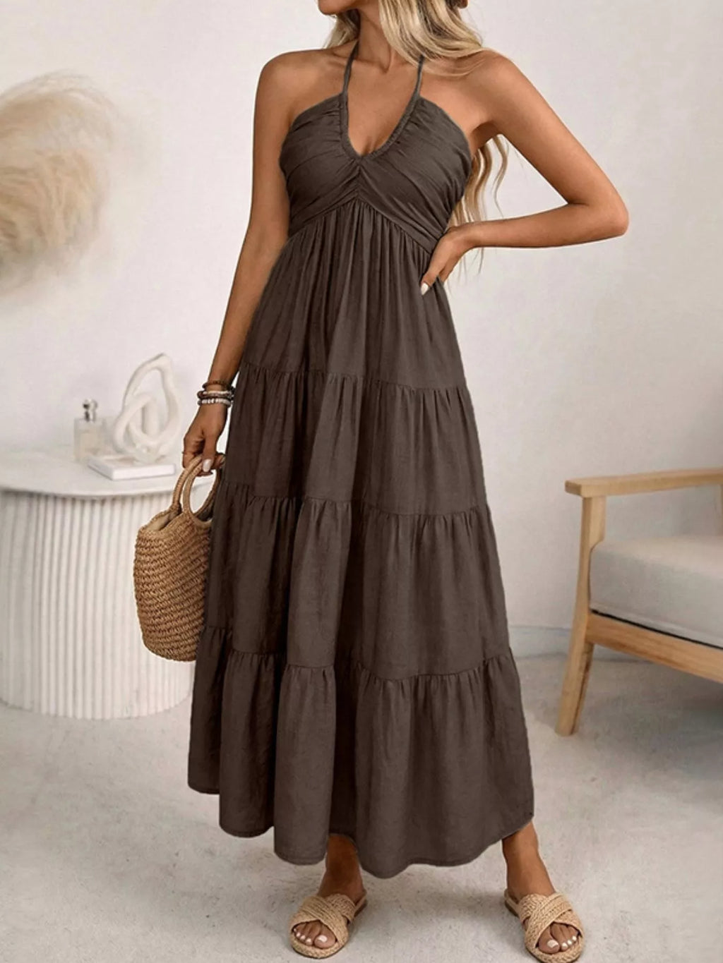 Halter Neck Tiered Midi Dress