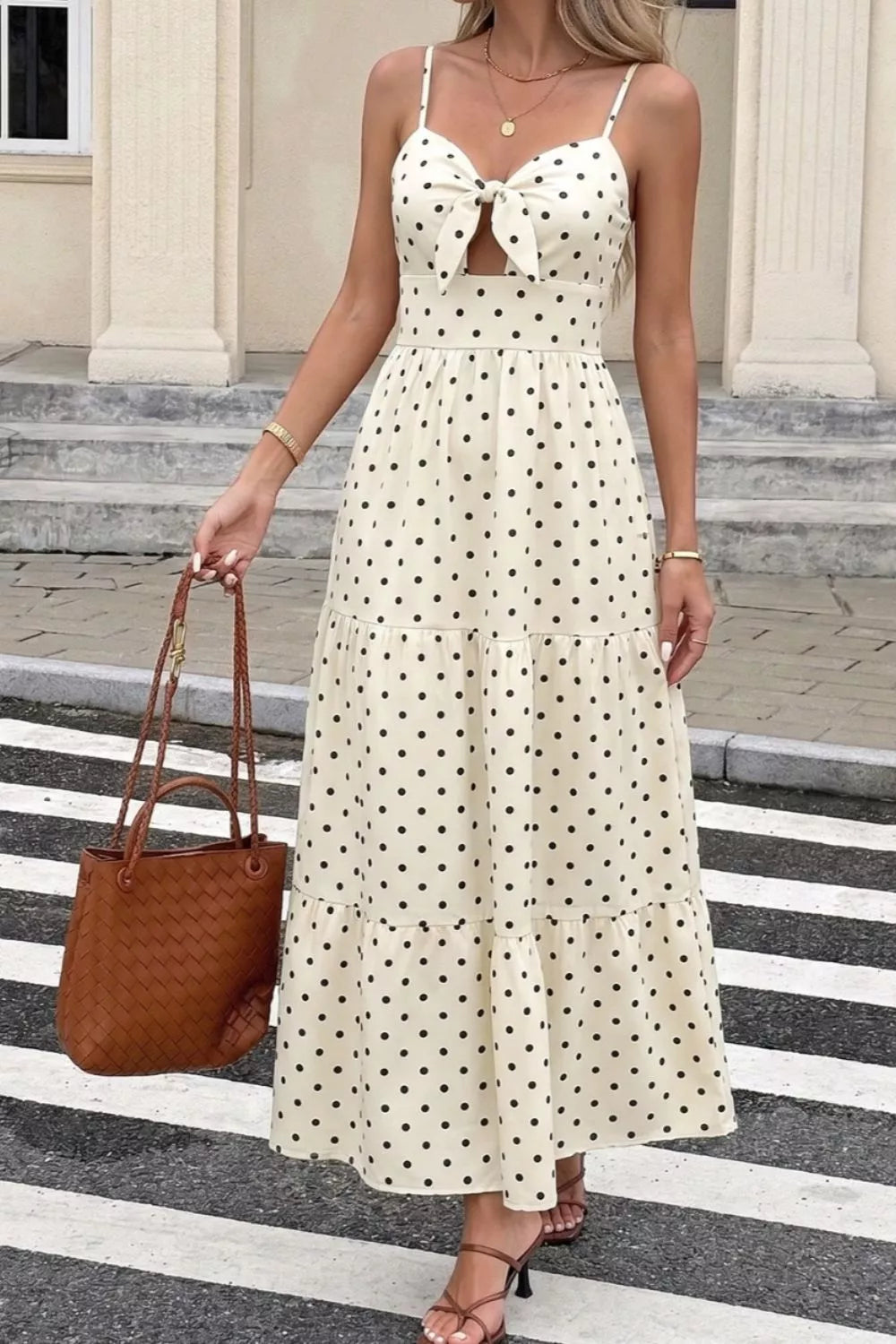 Polka Dot Tie-Front Cutout Maxi Dress