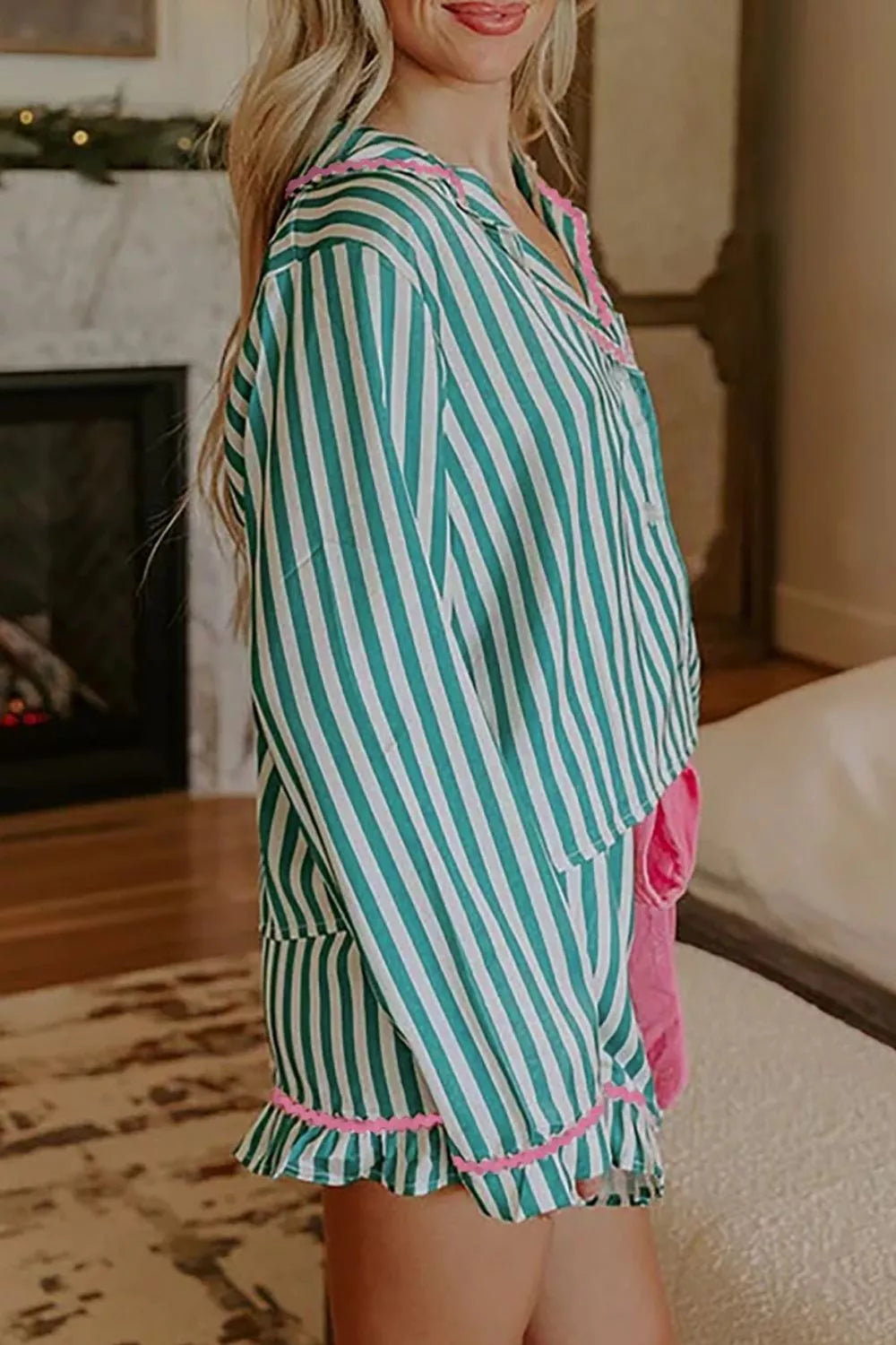 Stripe Contrast Ricrac Trim Long Sleeve Shirt Drawstring Ruffled Pajama Short Set
