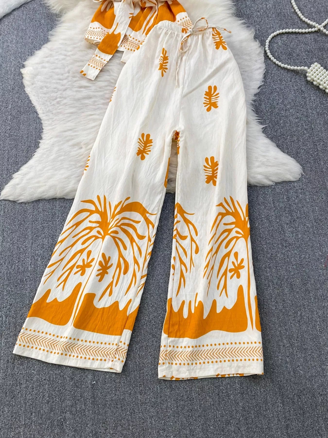 Printed Sleeveless Top and Wide Leg Pants Set