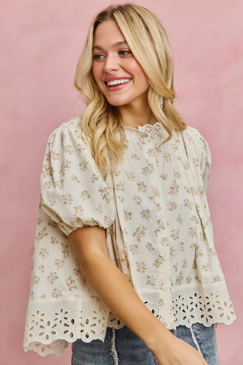 SO ME Floral Print Lace Trim Short Sleeves Blouse
