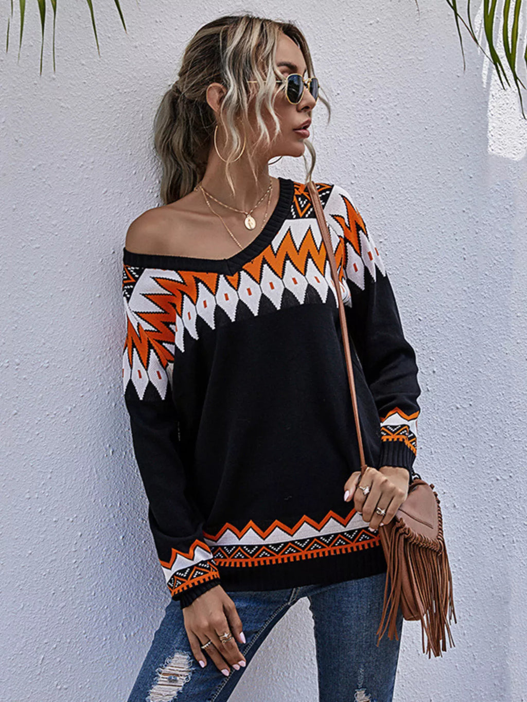 Geometric Pattern V-Neck Sweater