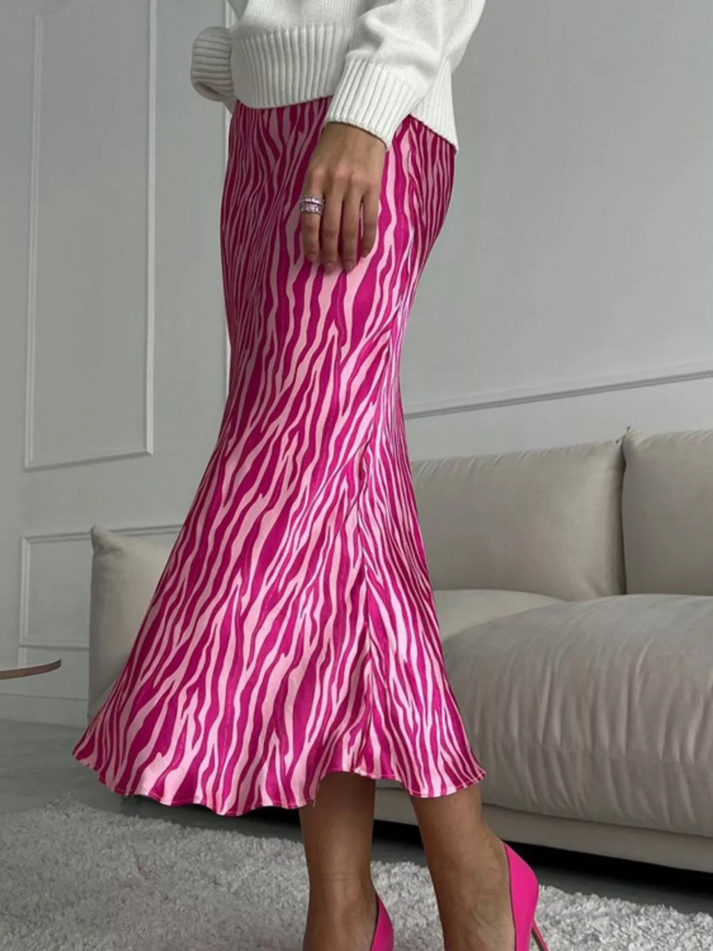 Satin Zebra Print Midi Skirt