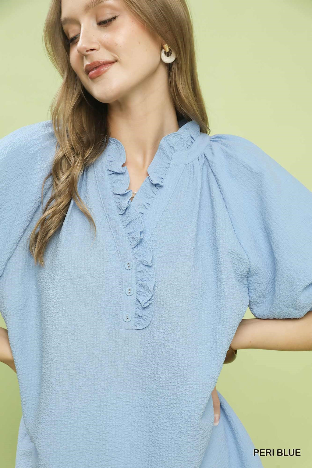 Umgee Puff Sleeve Ruffle Neck Tunic Blouse