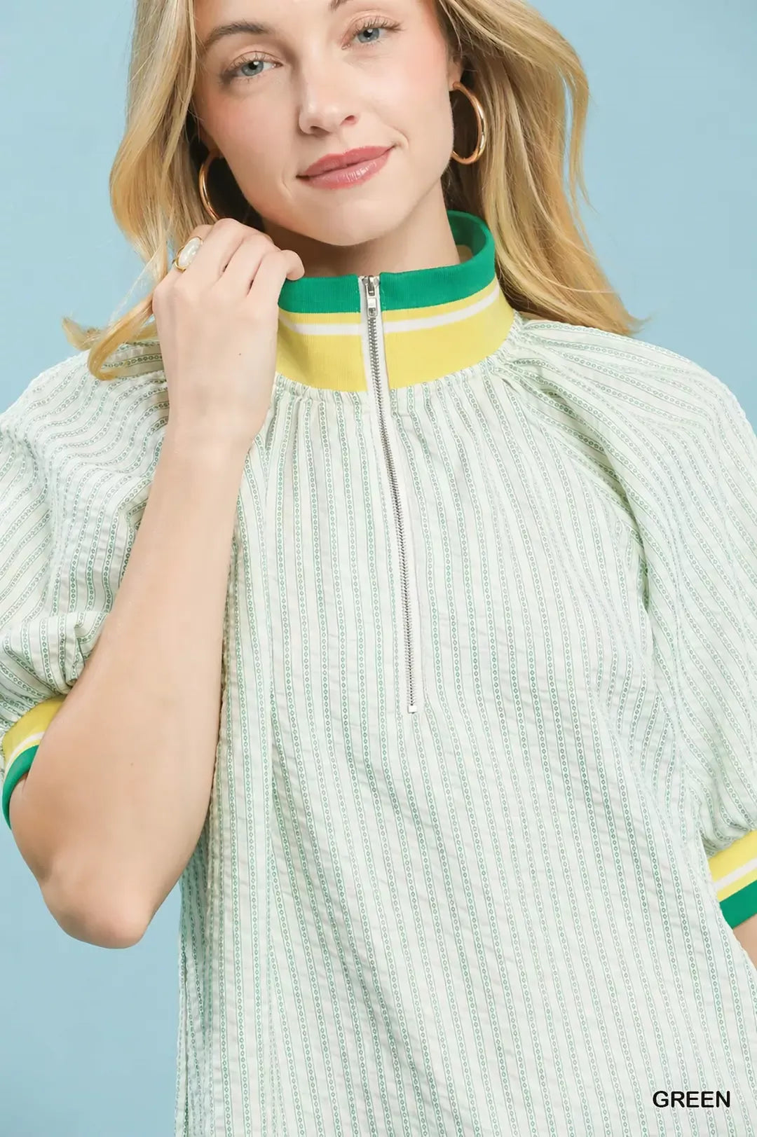 Umgee Botanical Print Puff Short Sleeve Blouse with Contrast Collar