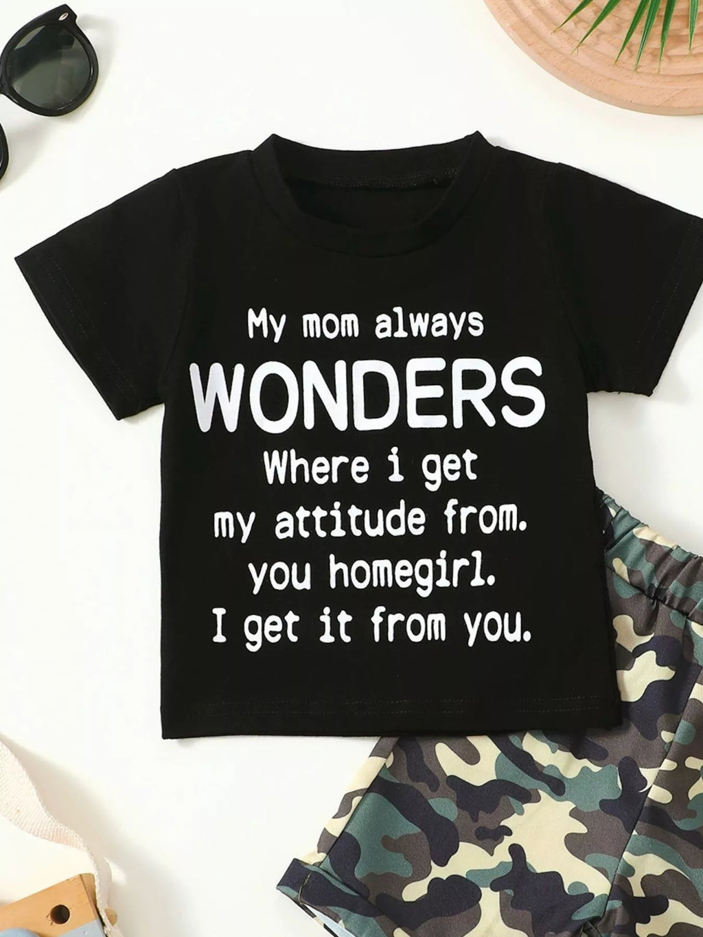 Children's Letter Graphic Tee and Camouflage Shorts Set