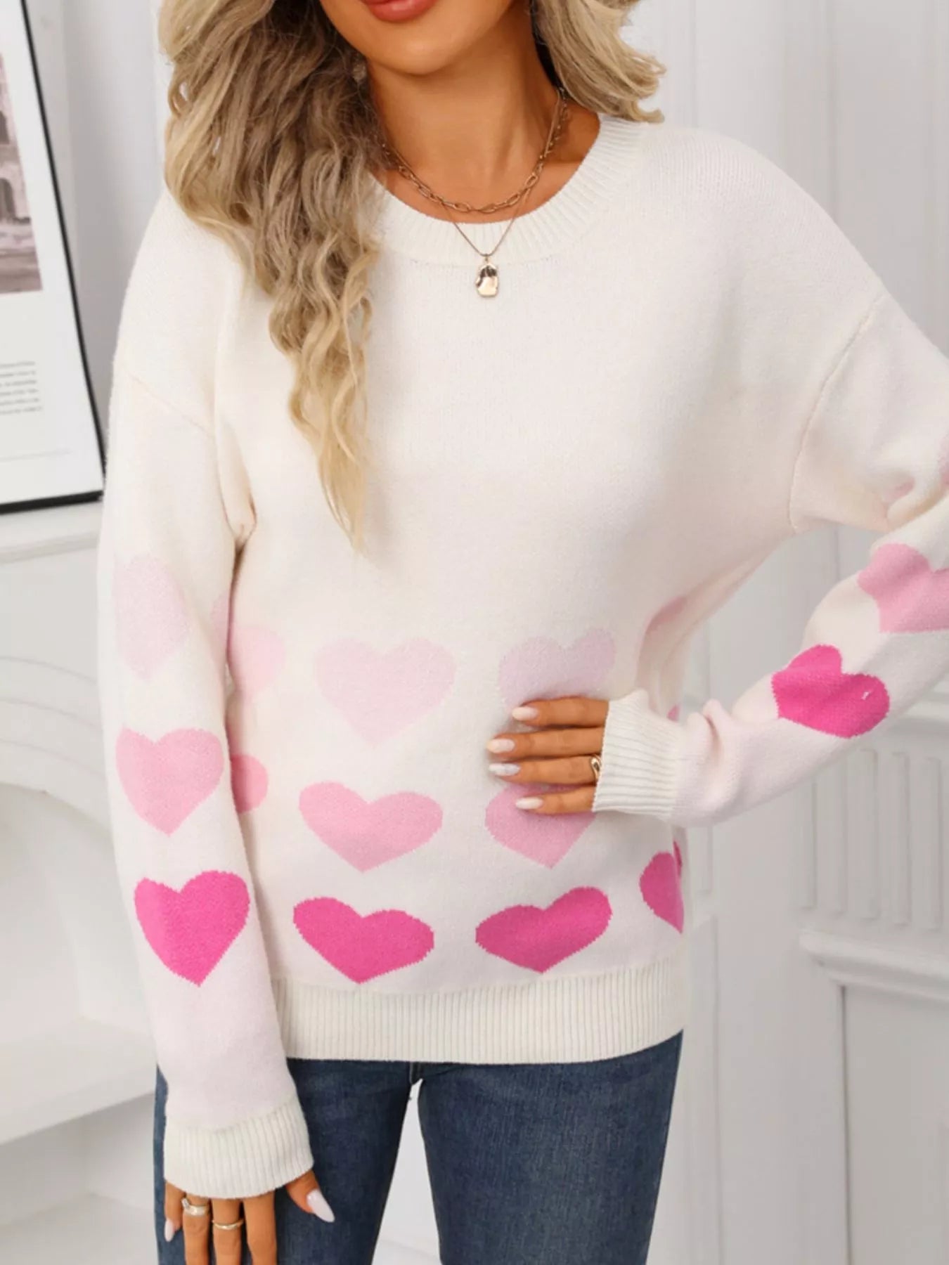 Valentine's Day Heart Pattern Crew Neck Sweater