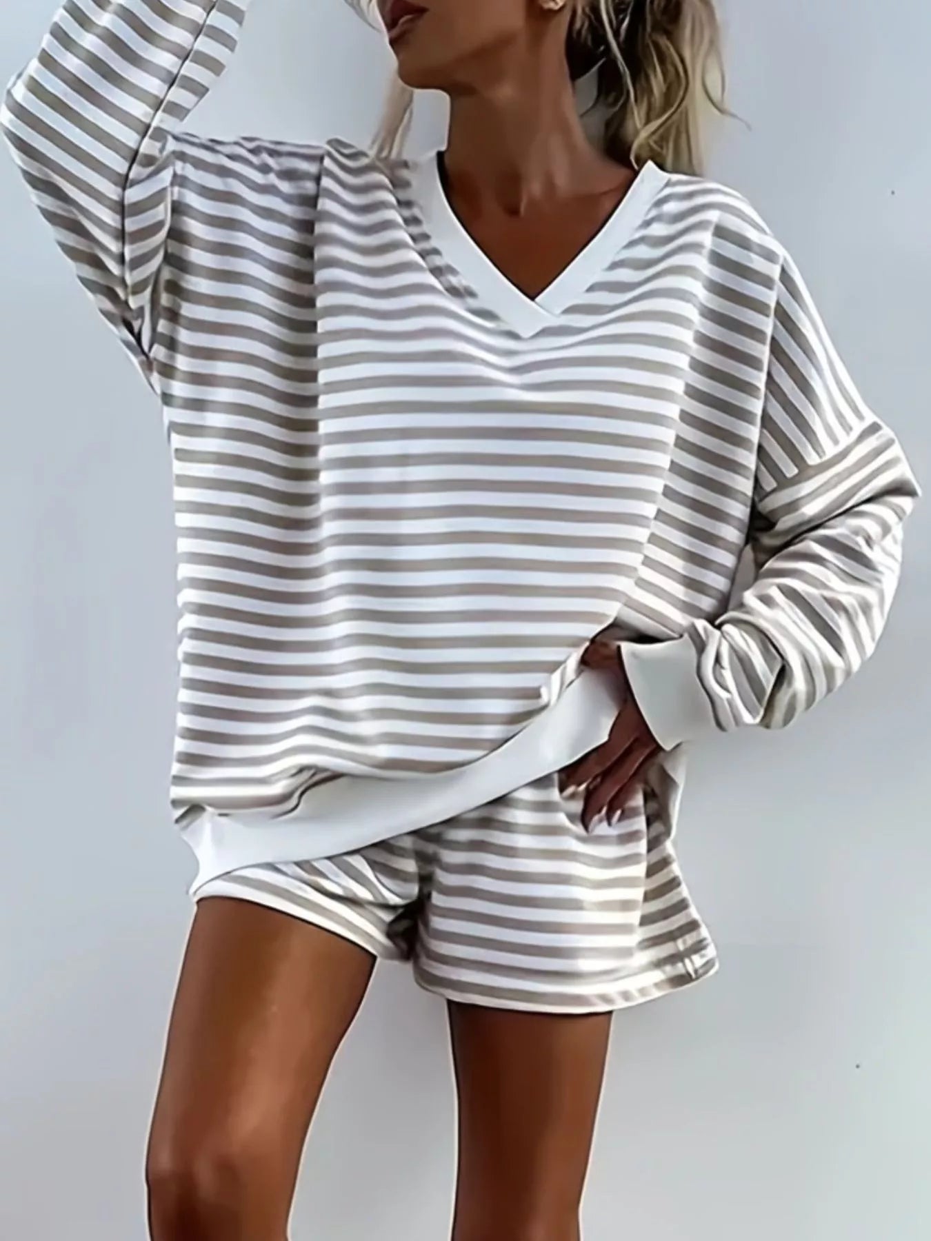 Striped V-Neck Top and Shorts Set